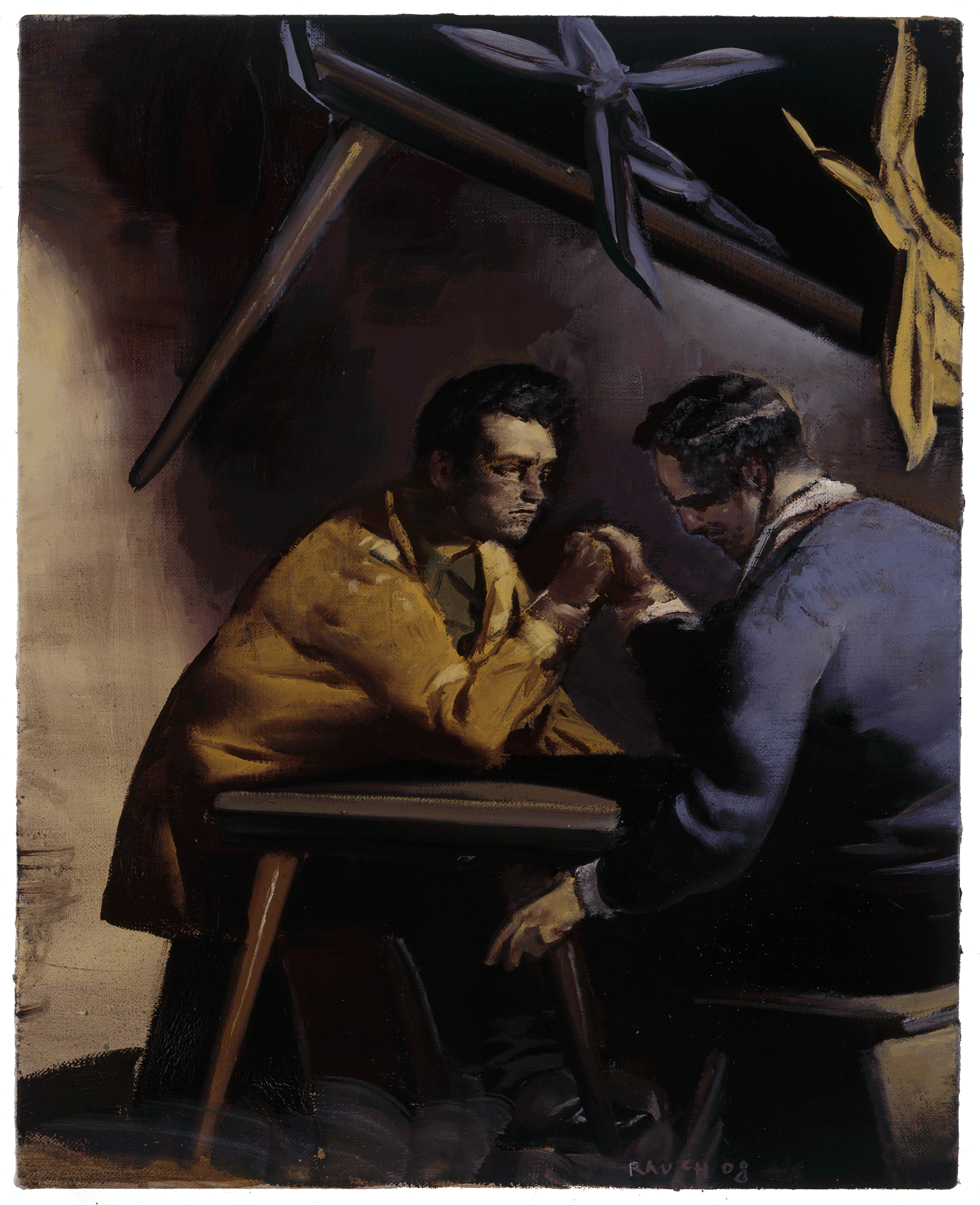 A painting by Neo Rauch, titled Armdrücken, dated 2008.