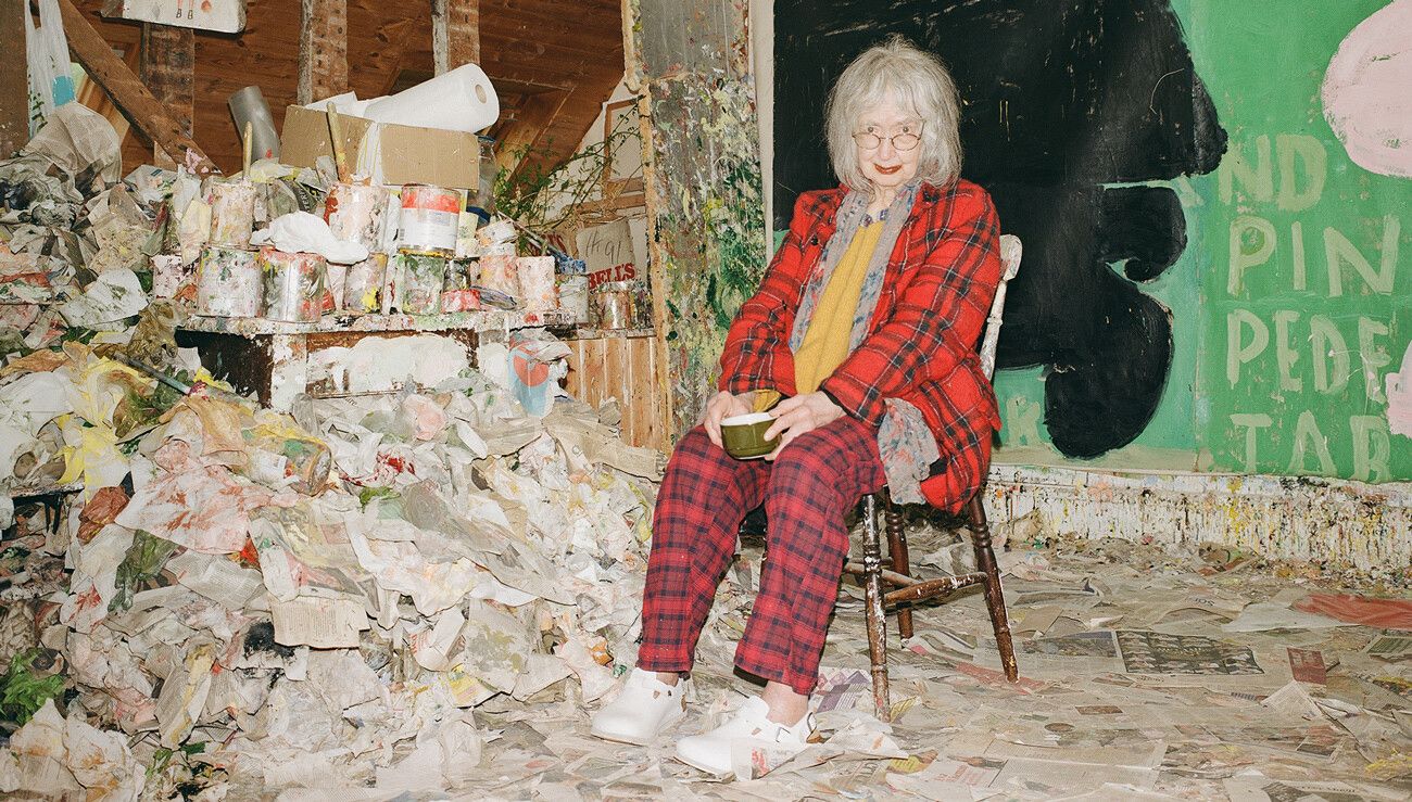 A Photo by Will Grundy of Rose Wylie in her studio.