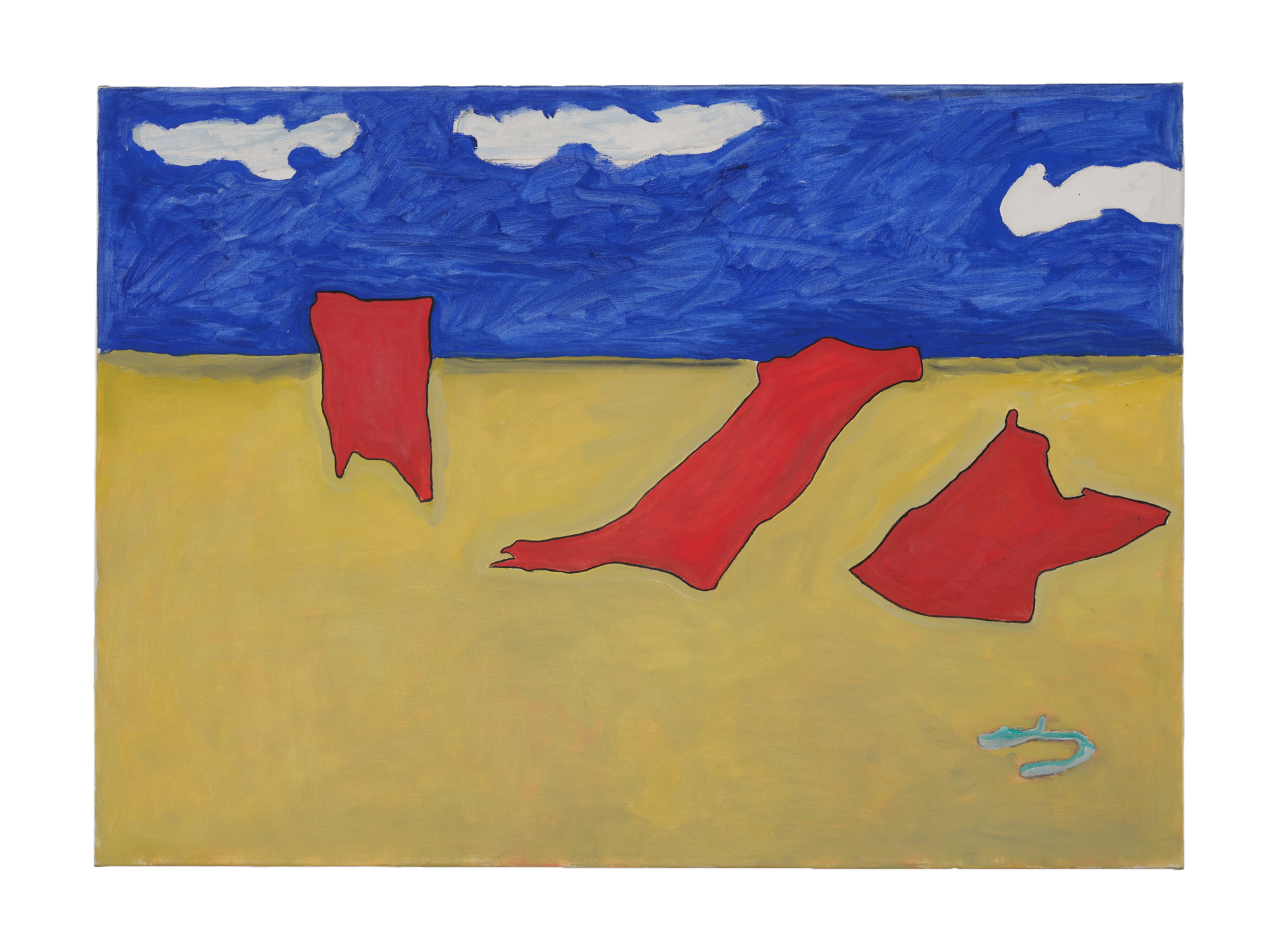 A painting by Raoul De Keyser titled Three Scarecrows in a Gale, dated 2006.