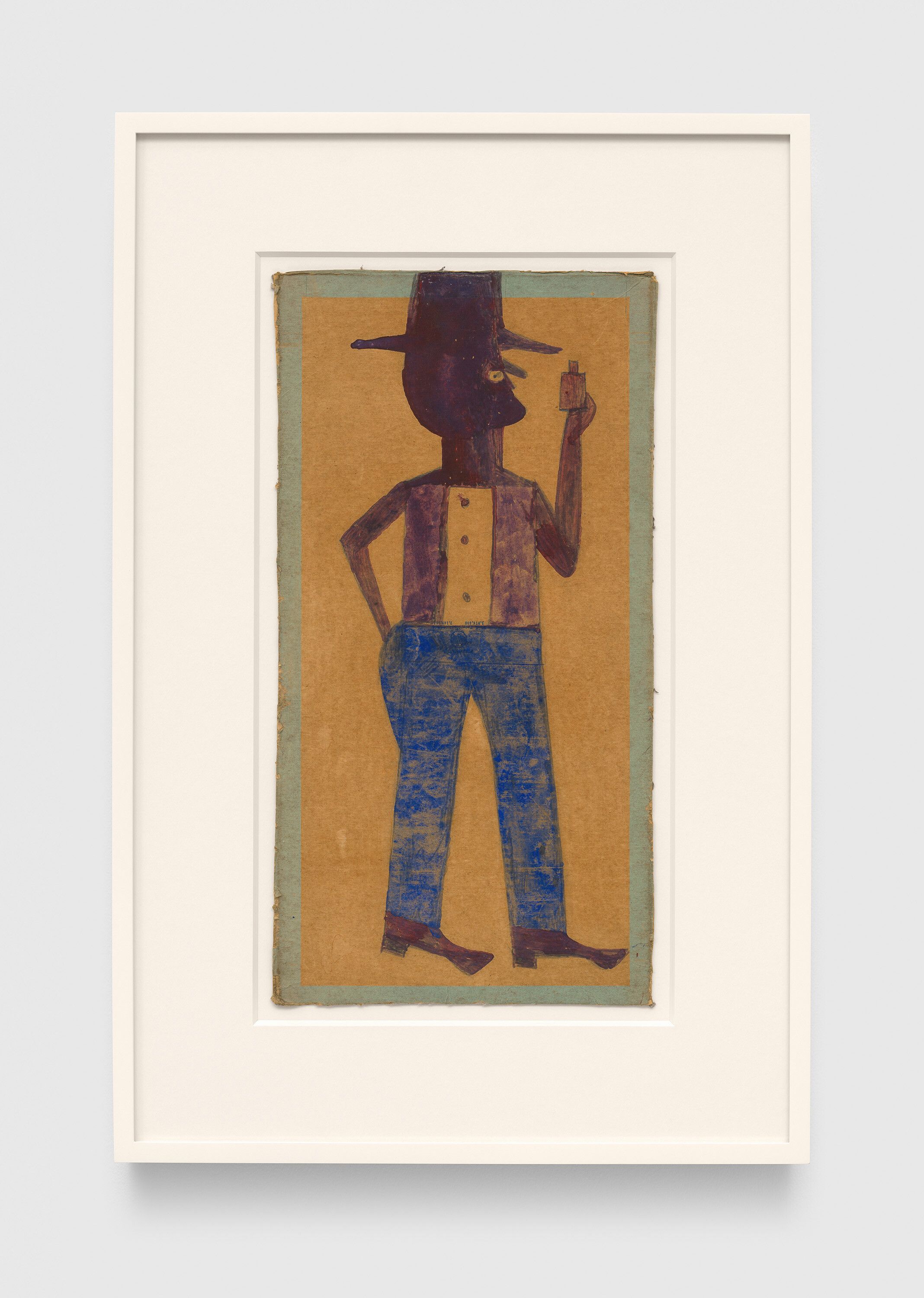 A drawing by Bill Traylor, titled Man Wearing Maroon and Blue with Bottle, 1939 to 1942.
