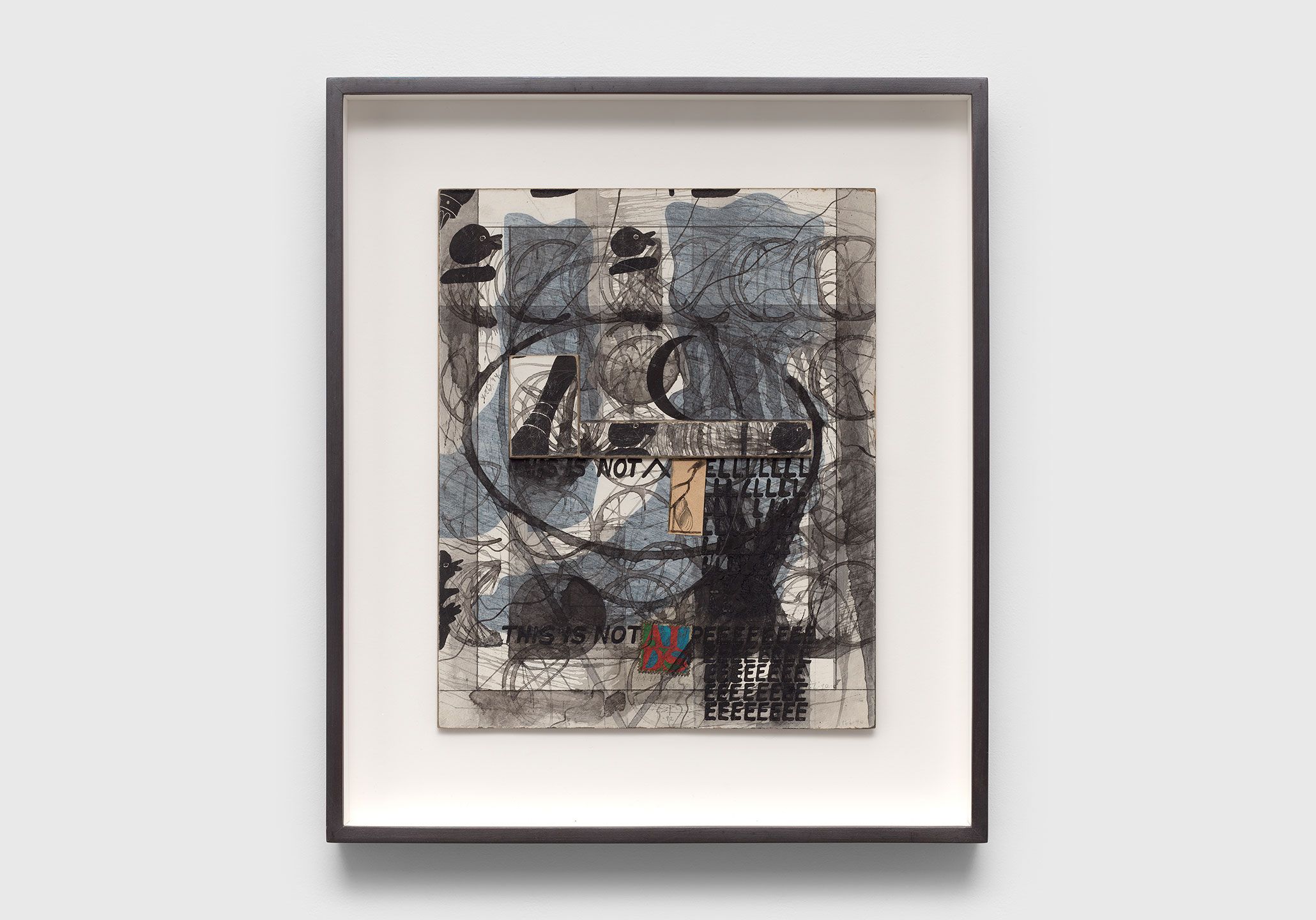 A collage on cardboard panel by Ray Johnson, titled Untitled (Blue Boots with AIDS Stamp), dated 1966, 1990, 1991, 1992, 1994.