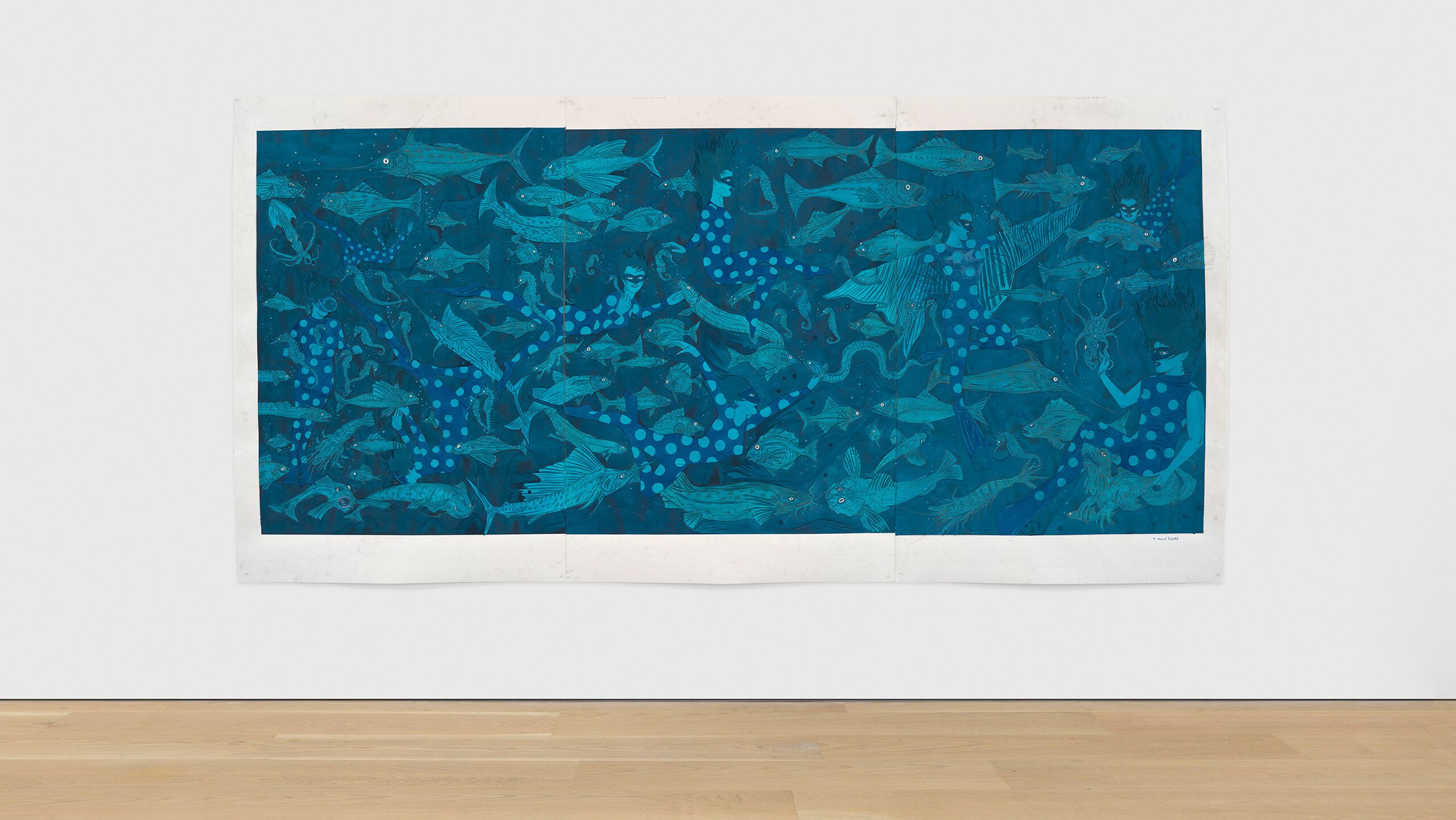 A work on paper by Marcel Dzama, titled We swam in the floods of paradise, dated 2022.