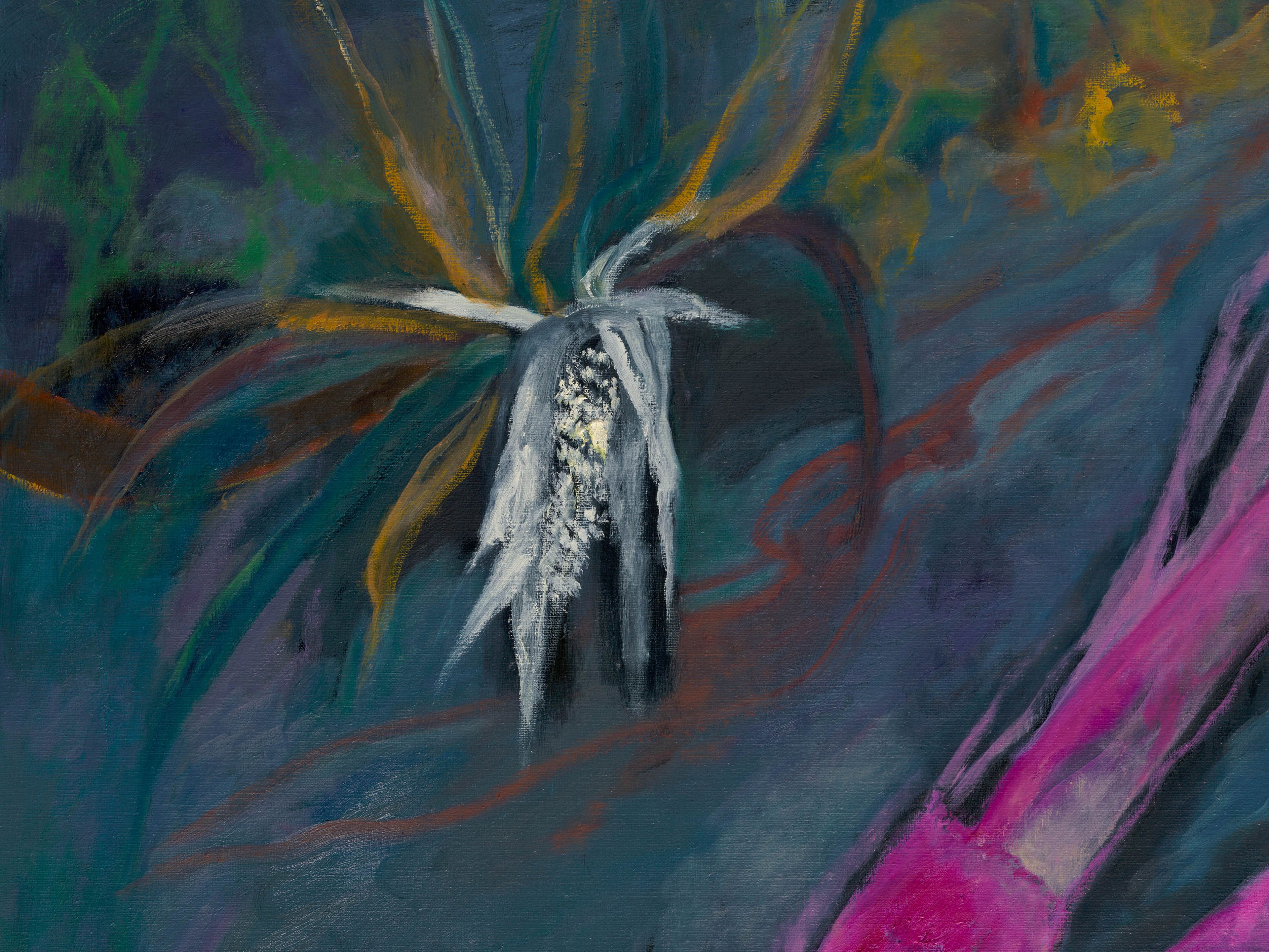 A detail from a painting by Sosa Joseph, titled Rain over the river, dated 2025.