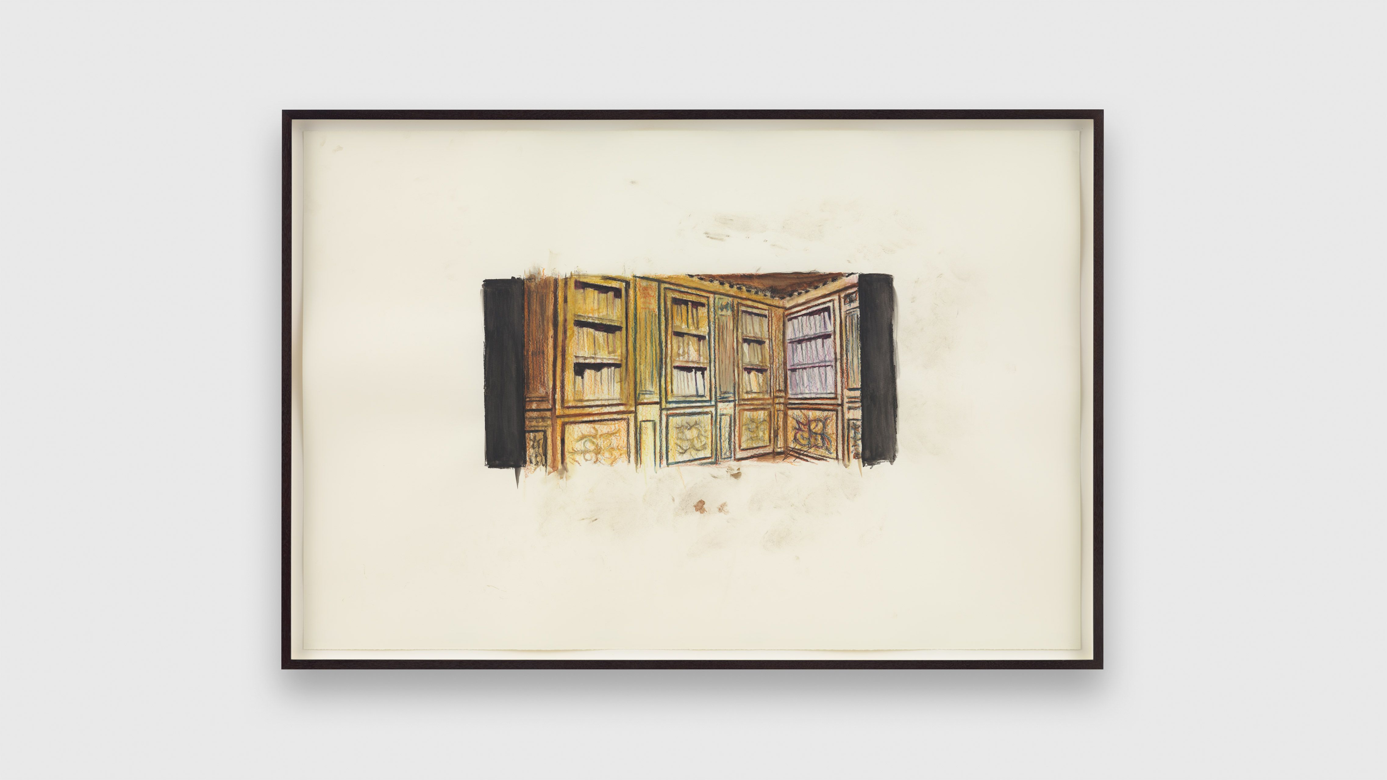 A colored pencil and watercolour drawing on paper by Luc Tuymans, titled Library, dated 2020.