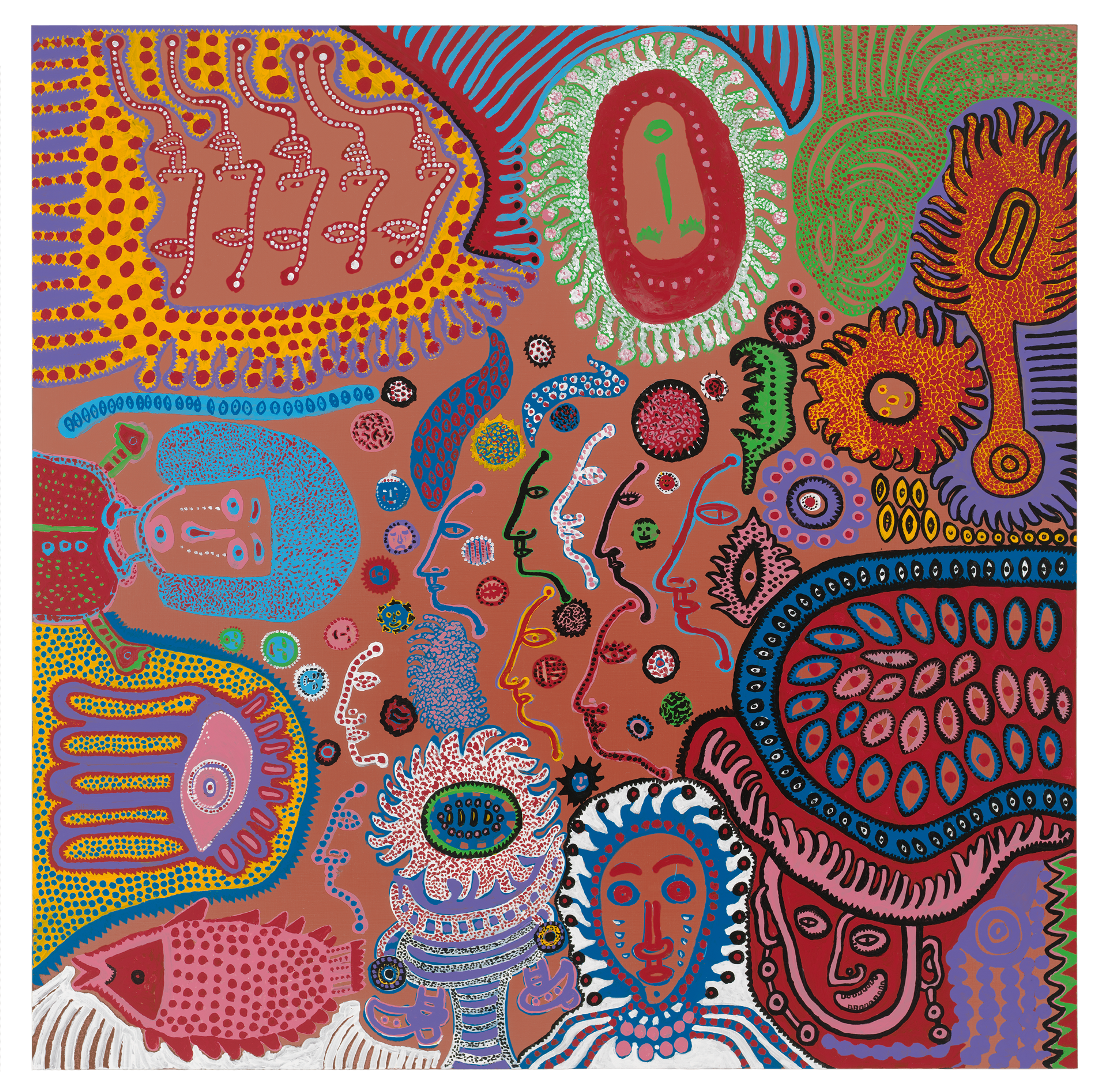 A painting by Yayoi Kusama, titled Give Me Love, dated 2015.