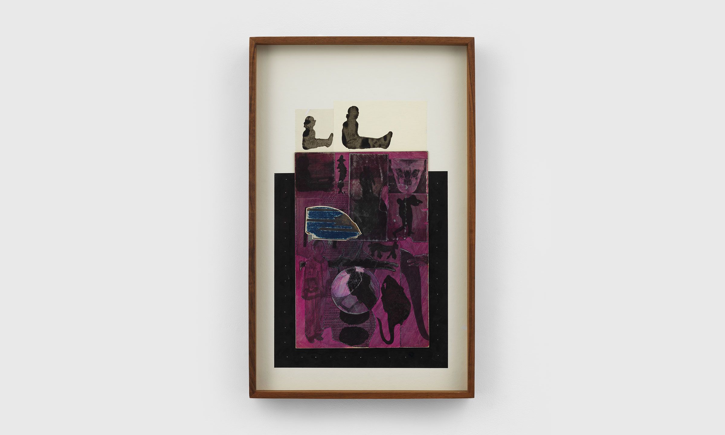 A collage on illustration board by Ray Johnson, titled Untitled (Seated Baby Moticos with Rat), circa 1958-1960, 1970.