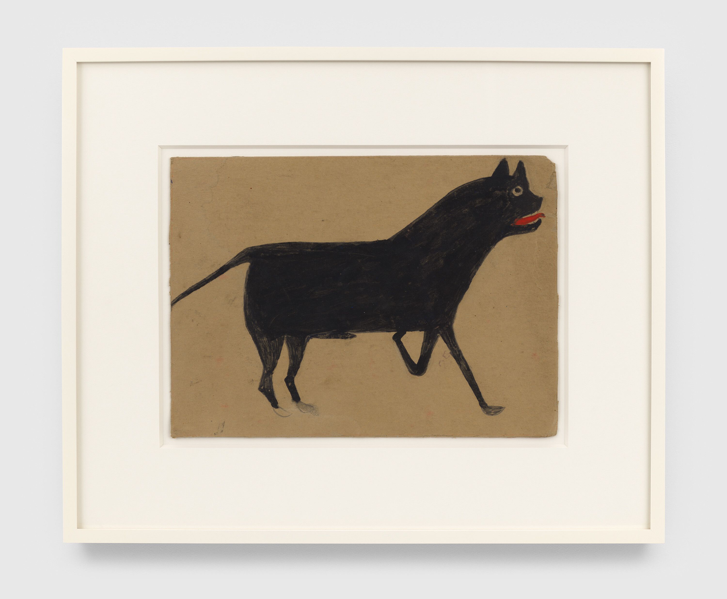 A drawing by Bill Traylor, titled Black Dog with Bent Knee and Red Tongue, dated in 1939 and 1942.