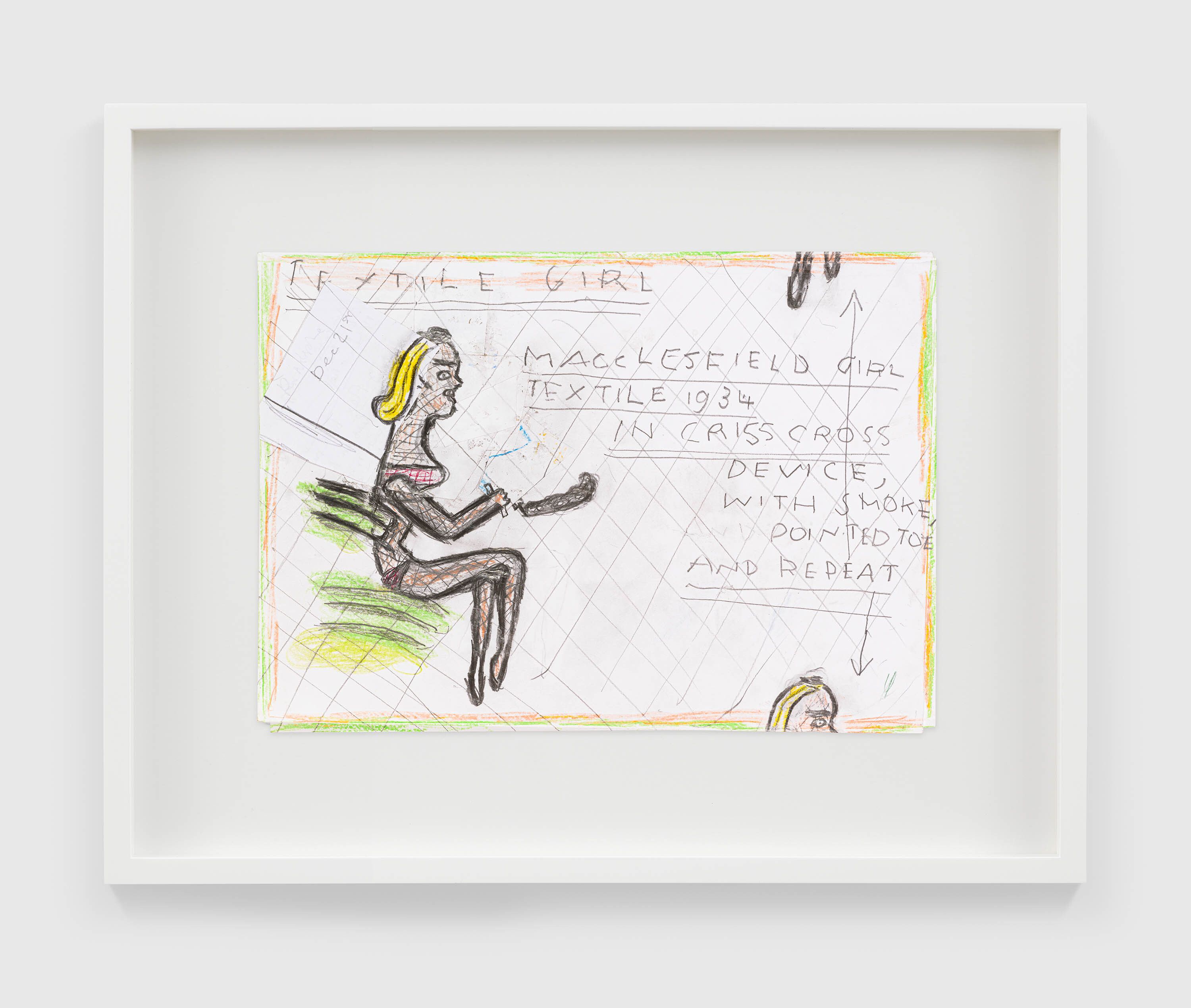 A work on paper by Rose Wylie, titled Macclesfield girl in criss cross & repeats﻿, dated 2022.