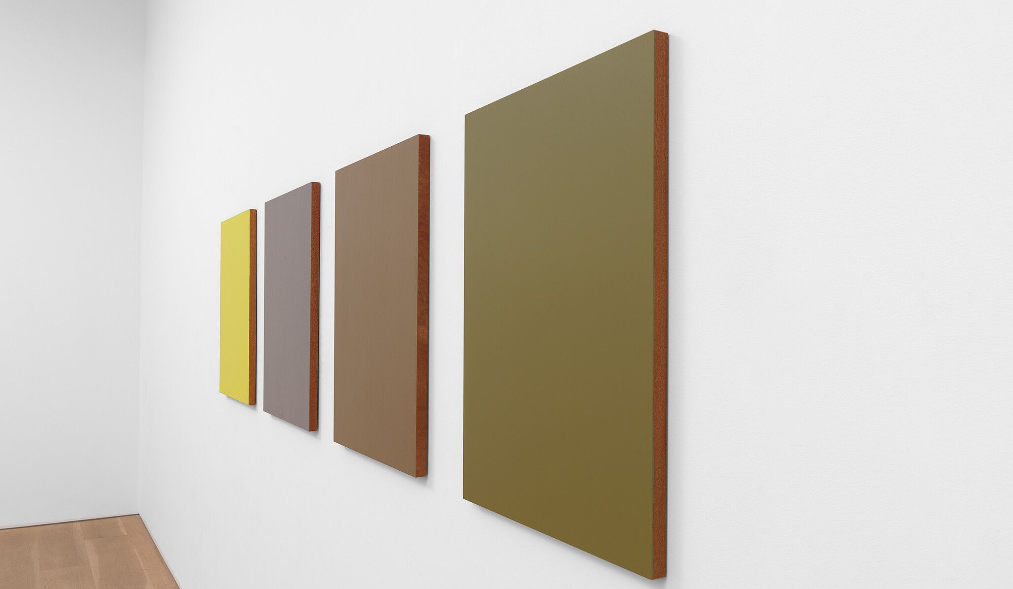 An installation view of a works by Sherrie Levine, titled Monochromes After Renoir Nudes: 13-16, dated 2016.