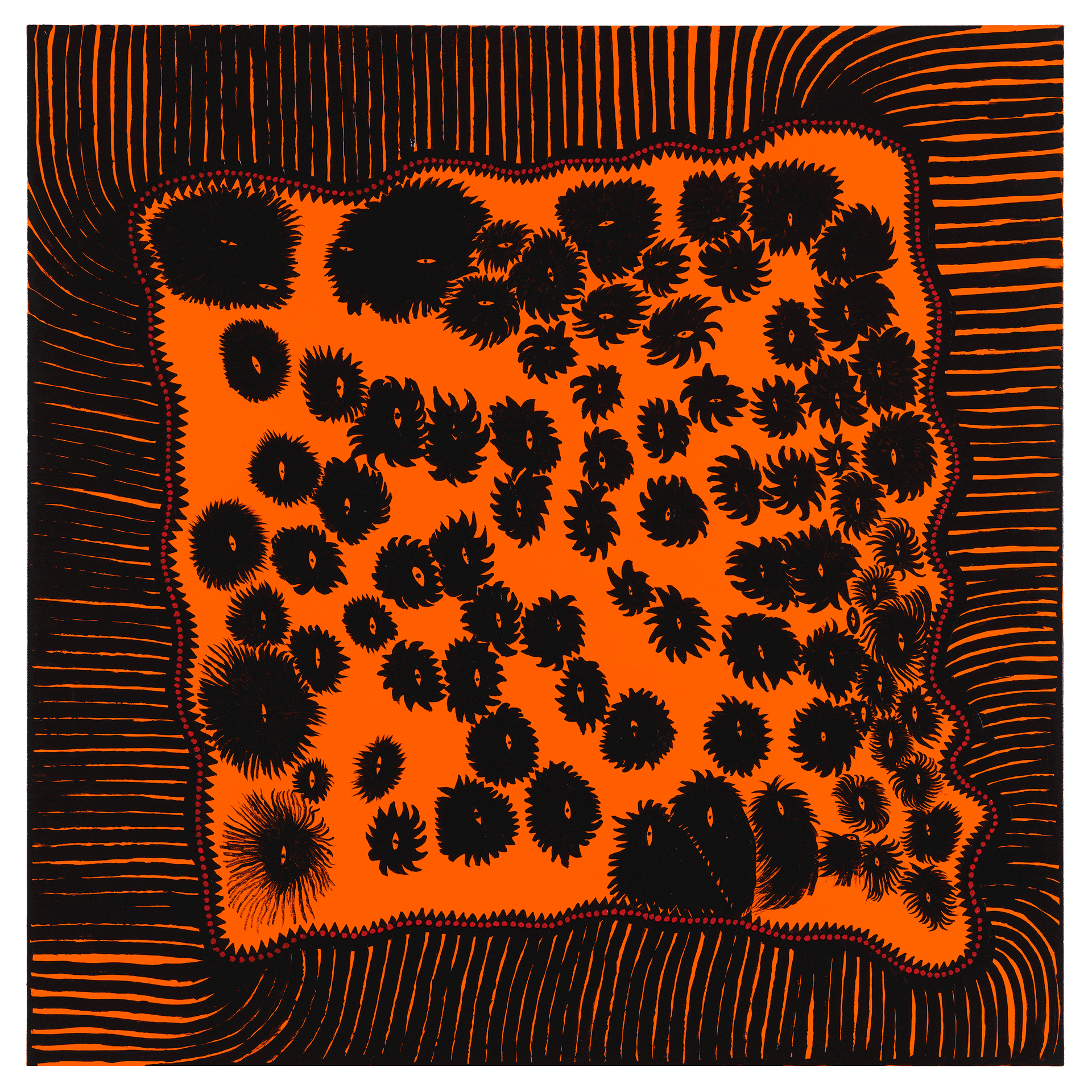 A painting by Yayoi Kusama, titled Gathering of Visions, dated 2016.