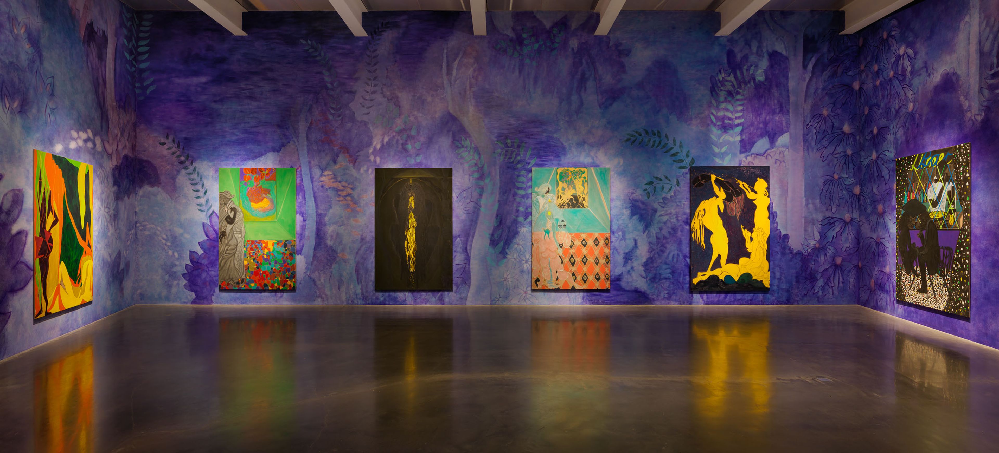 Installation view of the exhibition, Chris Ofili: Night and Day, at the New Museum in New York, dated 2014.