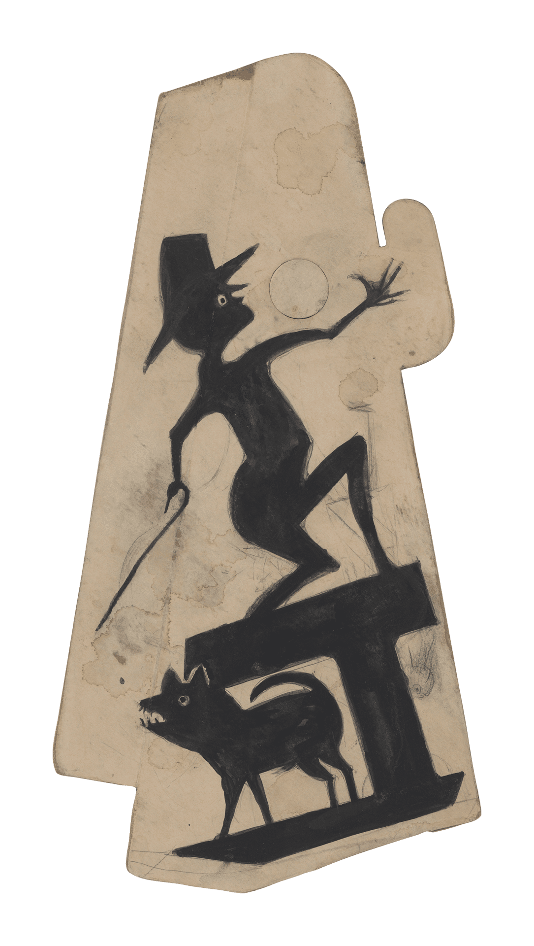 A mixed media work on cardboard by Bill Traylor, titled Man with Cane on Construction, with Dog, 1939 to 1942.