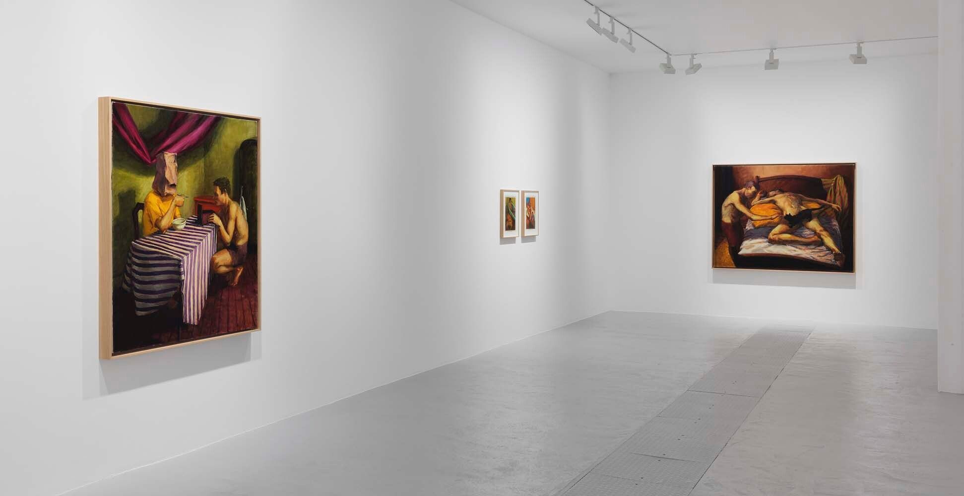An installation view of an exhibition titled, High Steers: Blue Towel, Red Tank, at David Zwirner, Paris, in 2021.