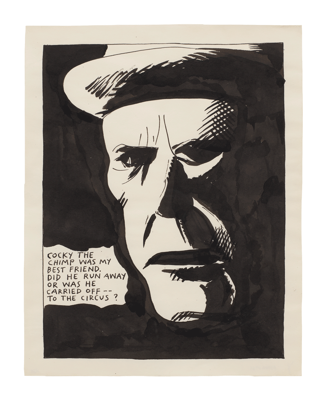 A drawing by Raymond Pettibon titled No Title (Cocky the chimp...), dated 1986.