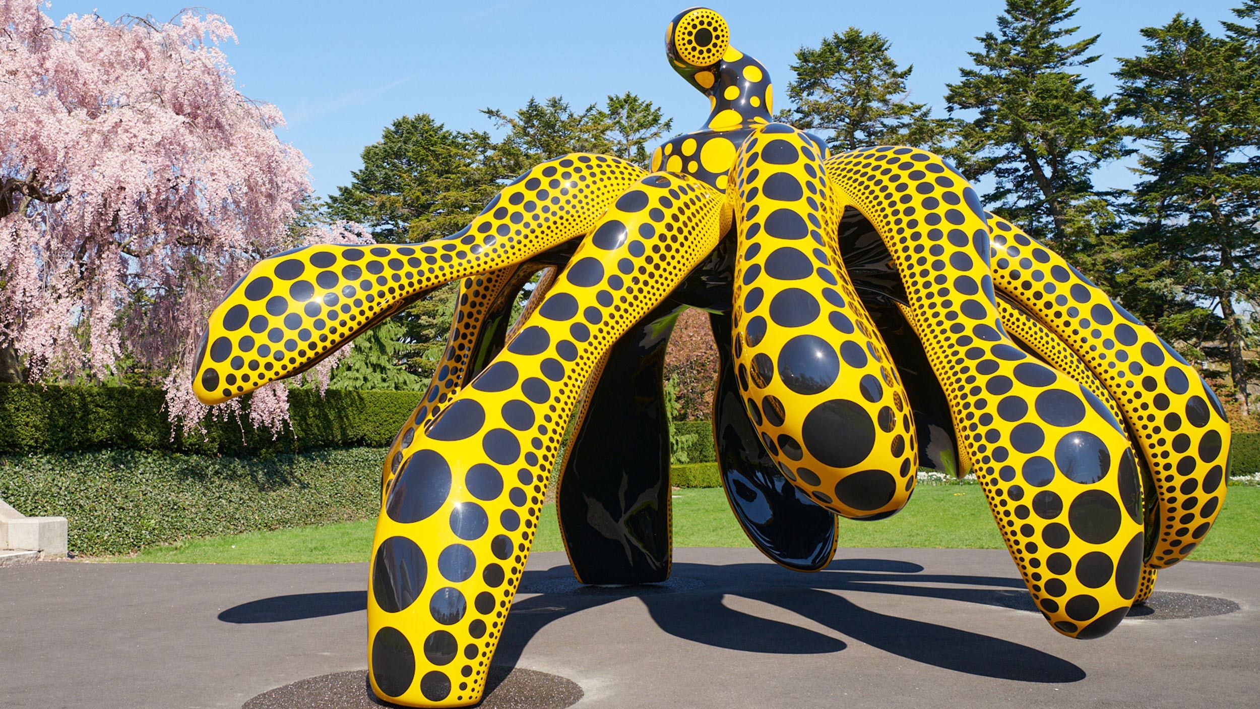 "Installation view of the work titled Dancing Pumpkin by Yayoi Kusama at the exhibition titled KUSAMA: Cosmic Nature, at The New York Botanical Garden, New York, dated 2021