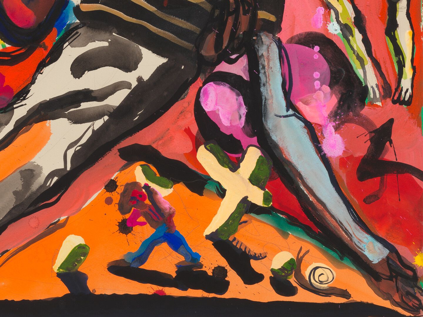 A detail of a gouache and graphite work on paper by Dana Schutz, titled Floating Pieta, dated 2020.