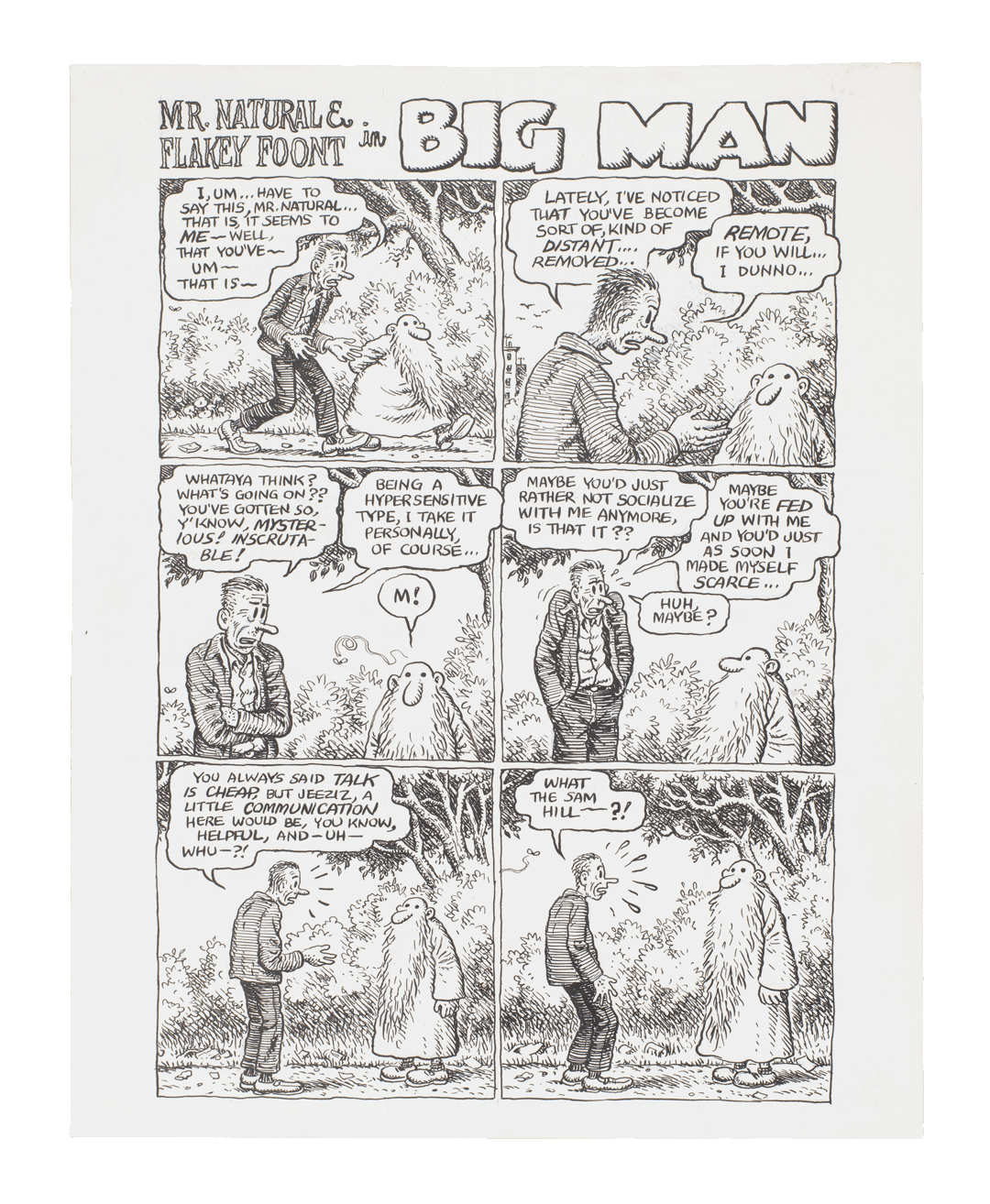 A drawing by R. Crumb titled Mystic Funnies #1: Mr. Natural and Flakey Foont in Big Man, dated circa 1997.