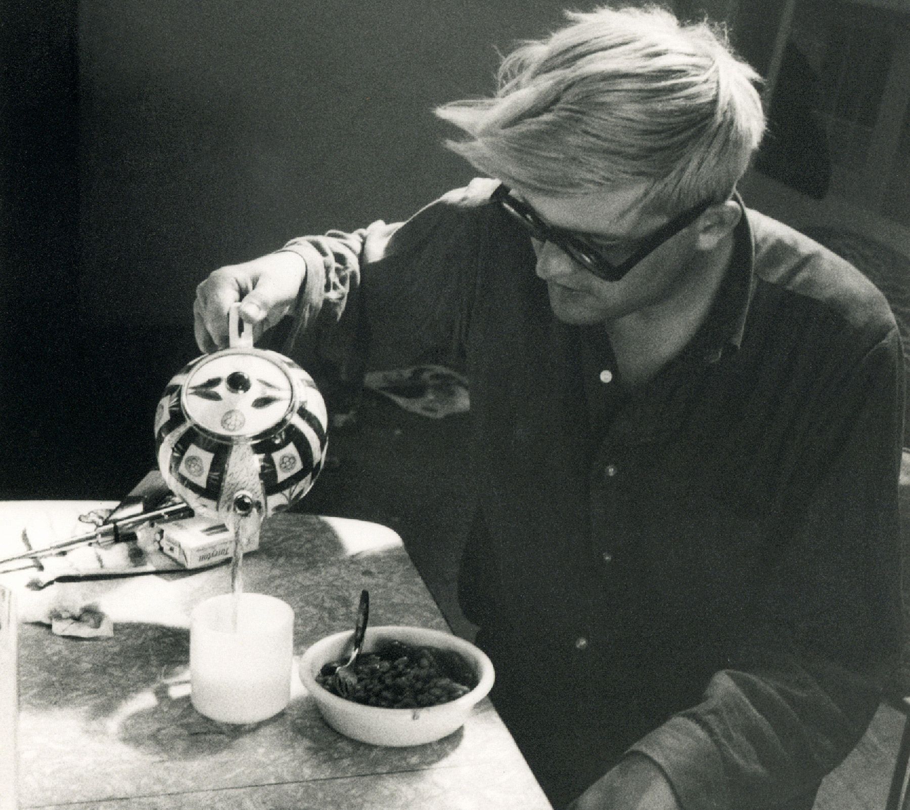 David Hockney drinking tea in his studio in Los Angeles, circa 1960s