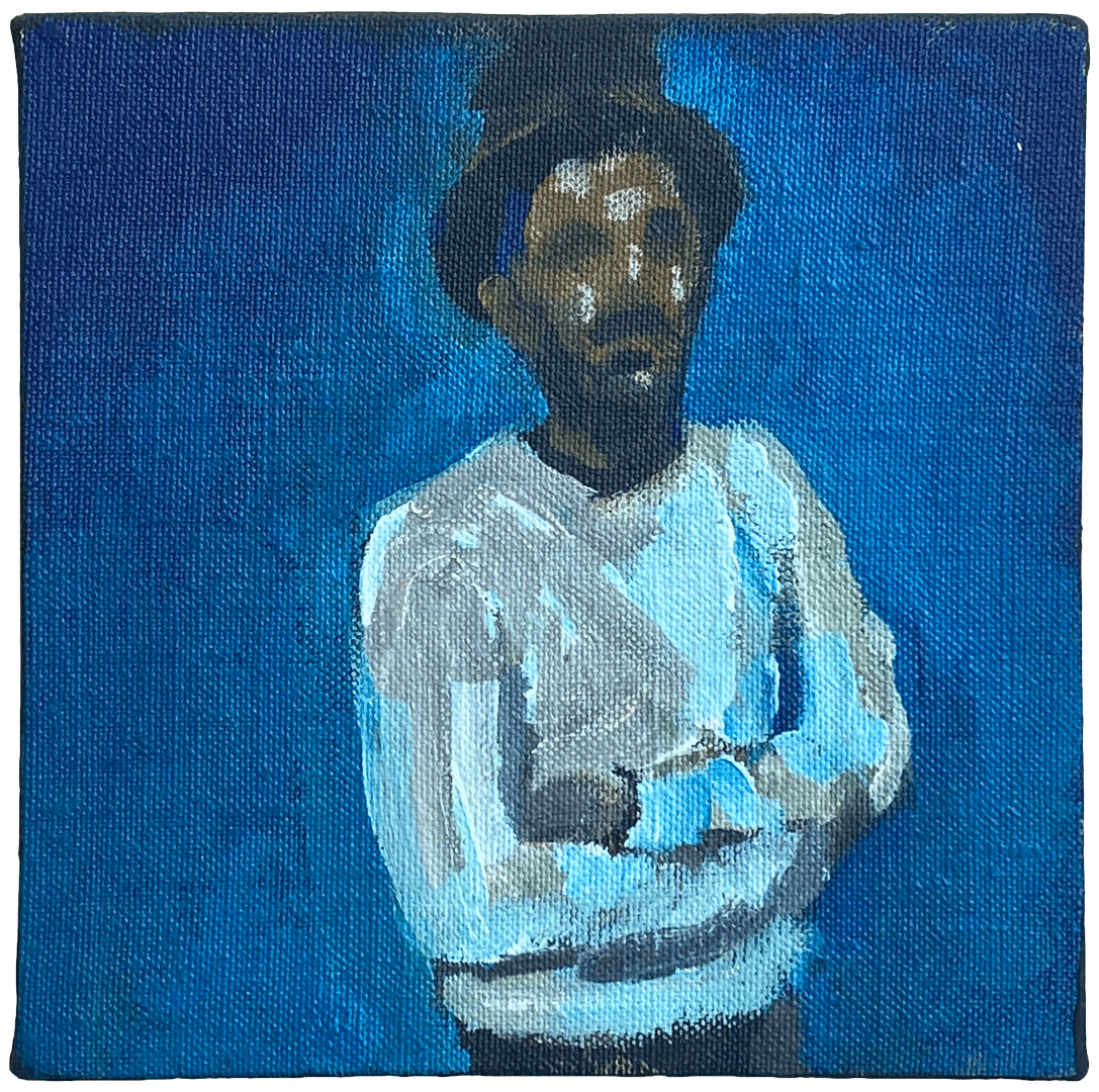 An oil painting on canvas by Noah Davis, titled Untitled (Man In a Top Hat and Blue Background), dated 2010.