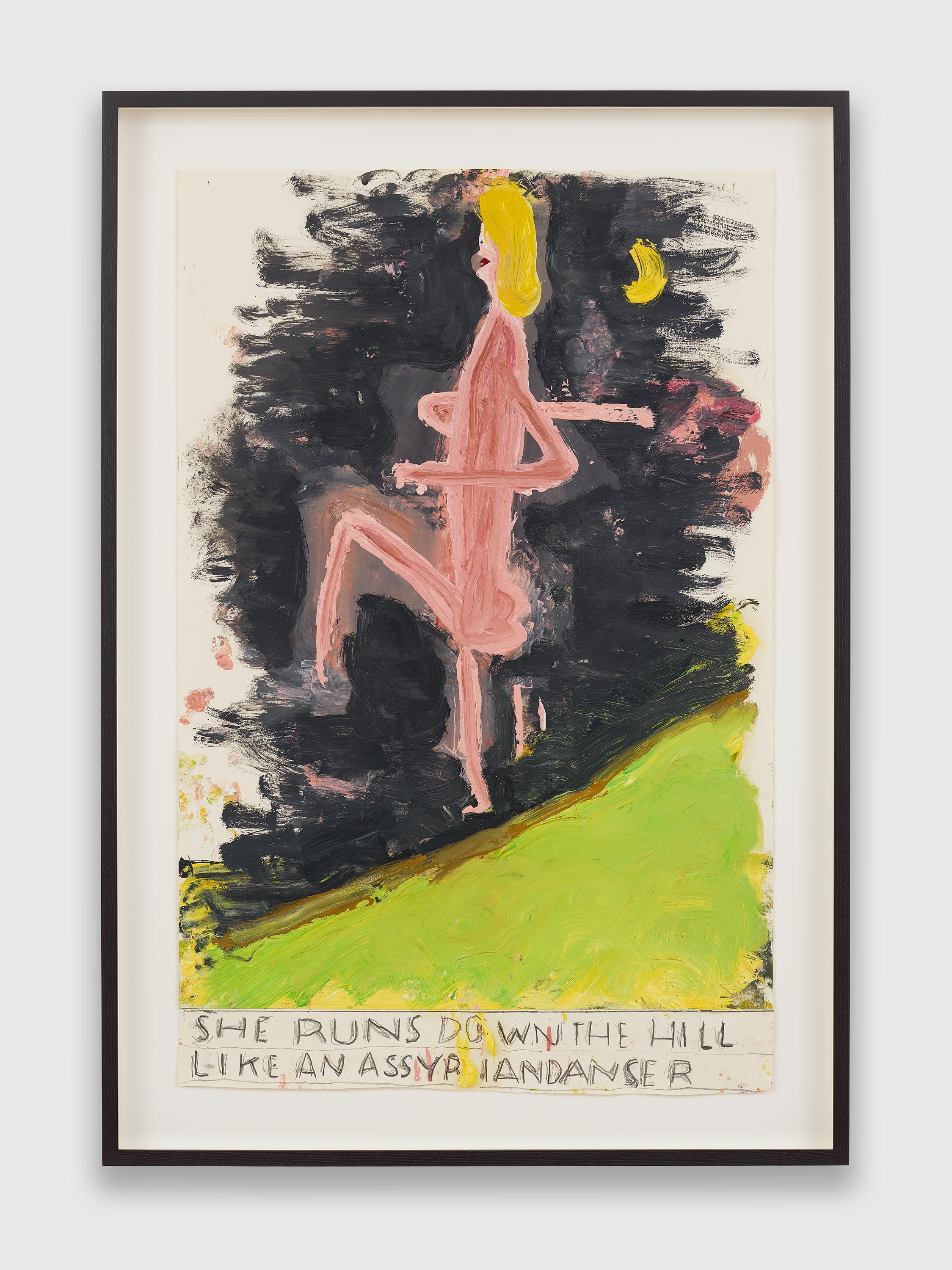 A work on paper by Rose Wylie, titled She Runs Down the Hill with Moon, dated 2021.