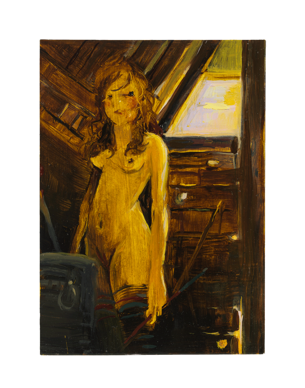 A painting by Lisa Yuskavage, titled Gold Girl in Barn, dated 2018.