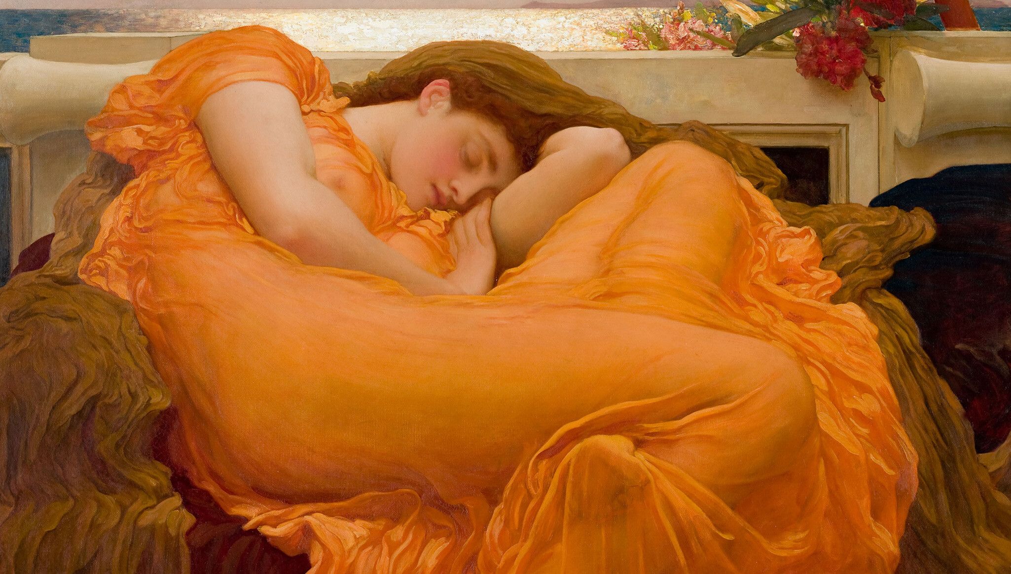 An artwork by Frederic Leighton, titled Flaming June, dated 1895. Collection of Museo de Arte de Ponce, Puerto Rico