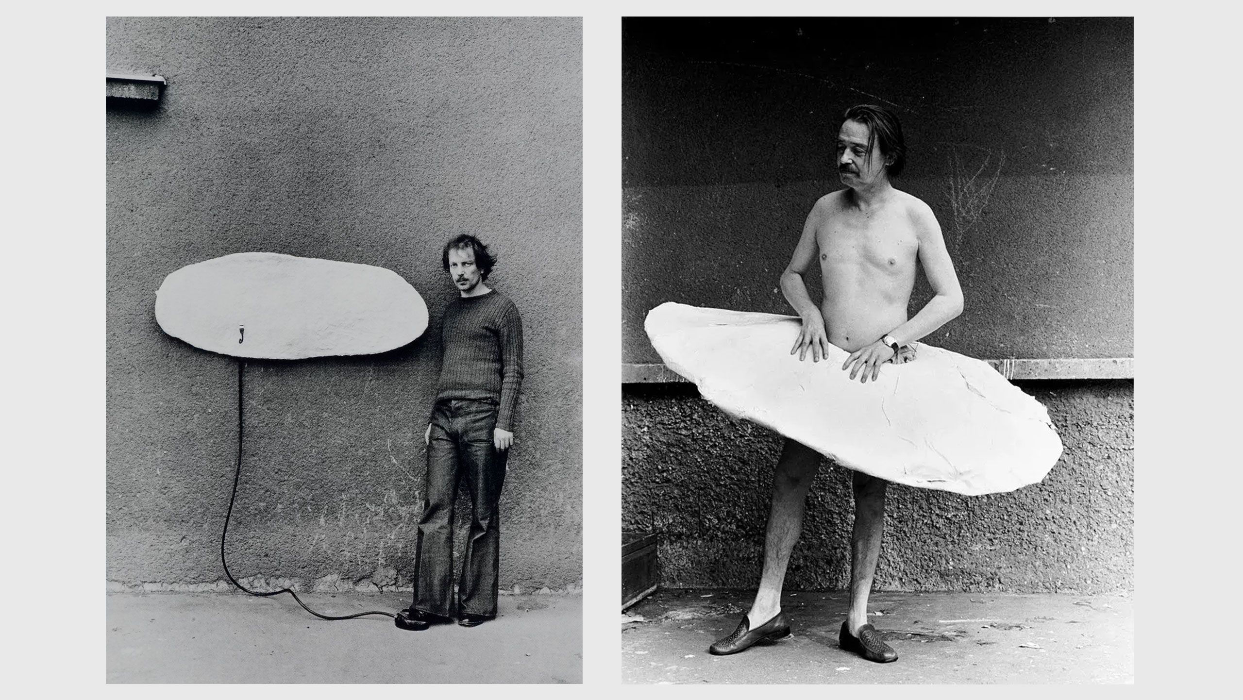 (Left) A photo of Franz West with an early Adaptive, undated; (Right) A photo by Friedl Kubelka of Otto Kobalek with an Adaptive by Franz West, dated 1974.