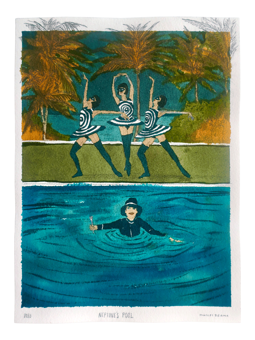 A work on paper by Marcel Dzama titled Neptune's pool, dated 2020.