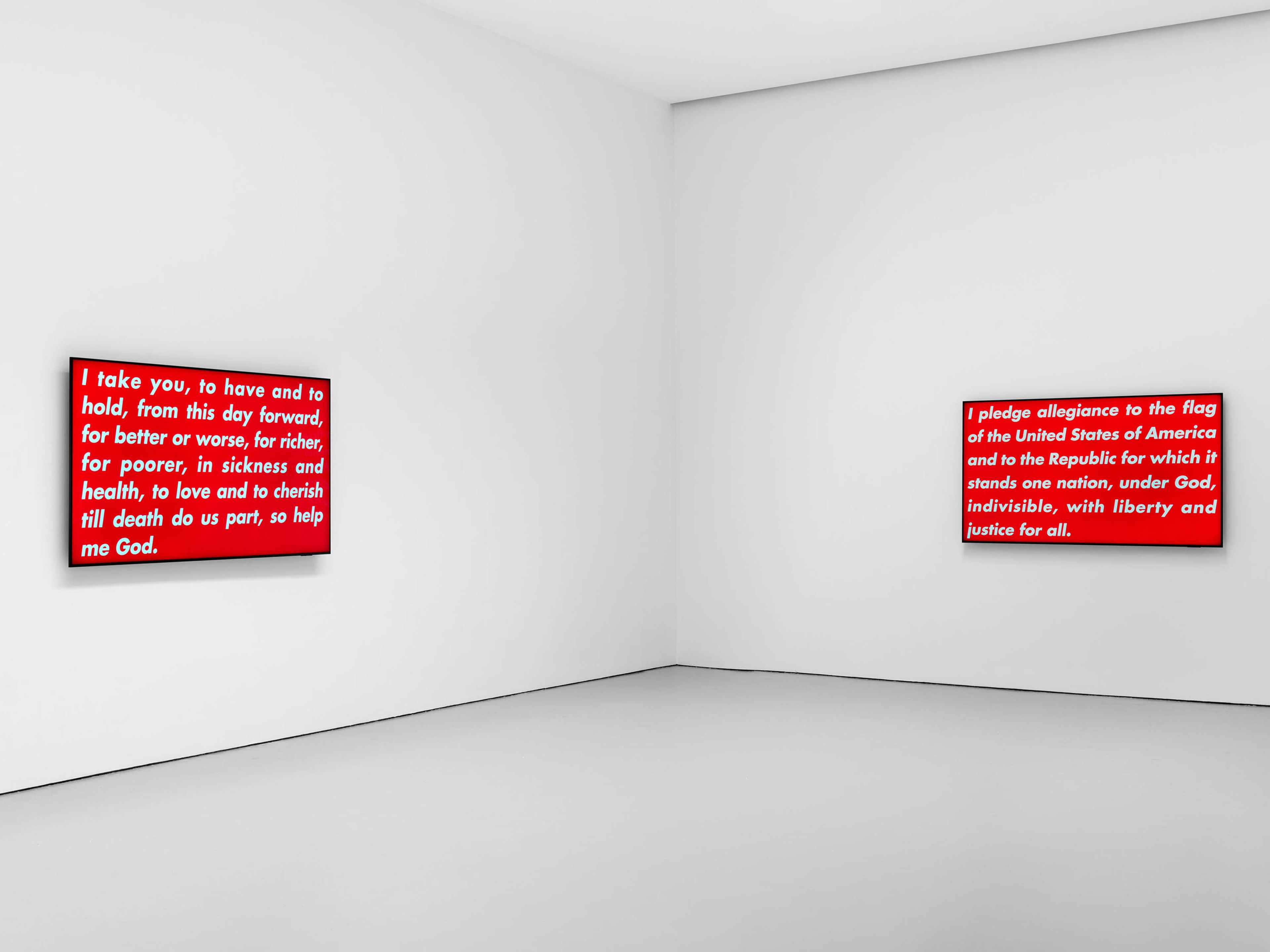 A three-channel video installation by Barbara Kruger, titled Pledge, Will, Vow, dated in 1988 and 2020.