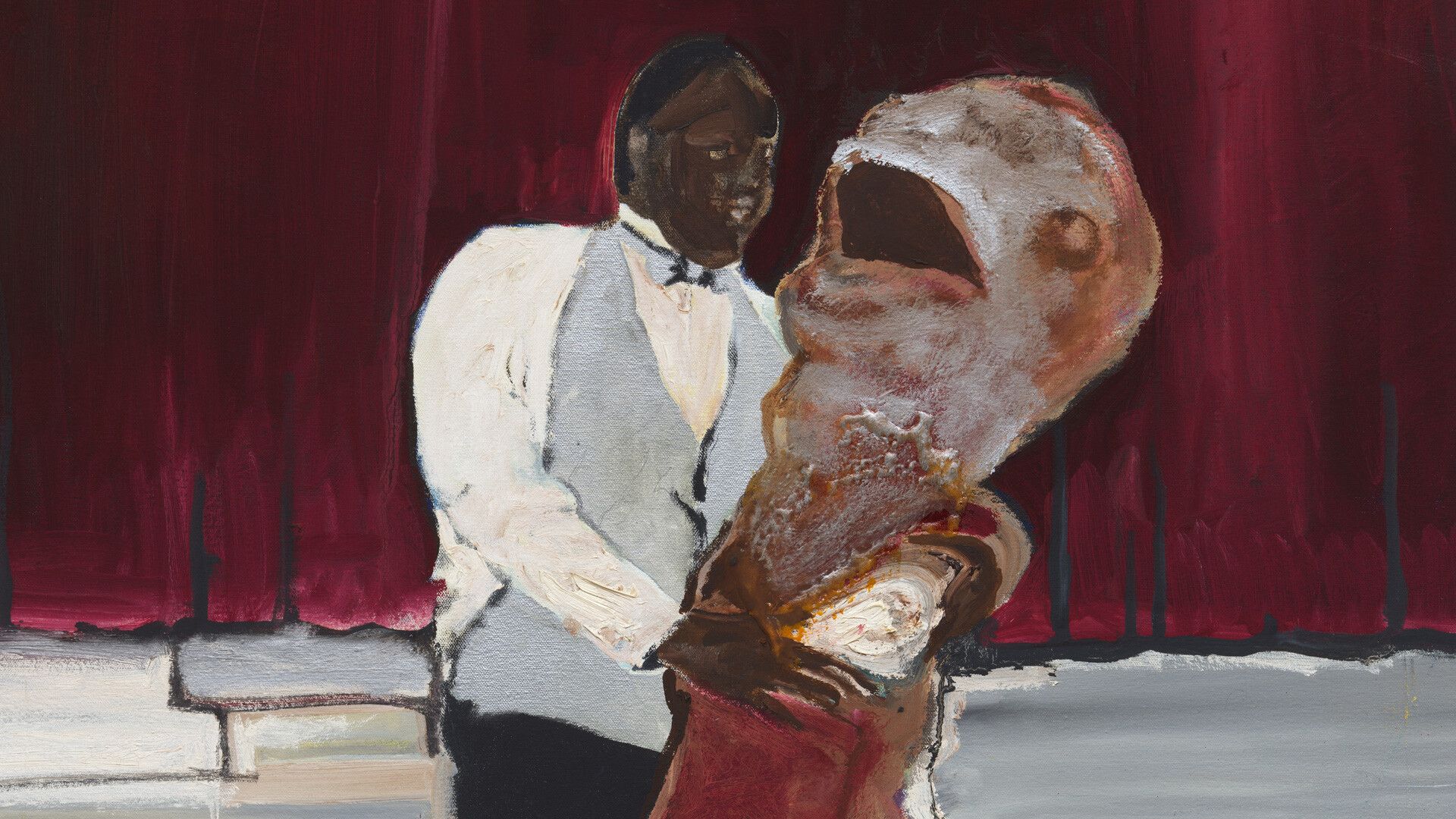A detail of an oil and acrylic painting on canvas by Noah Davis, titled Winter Formal, dated 2008.