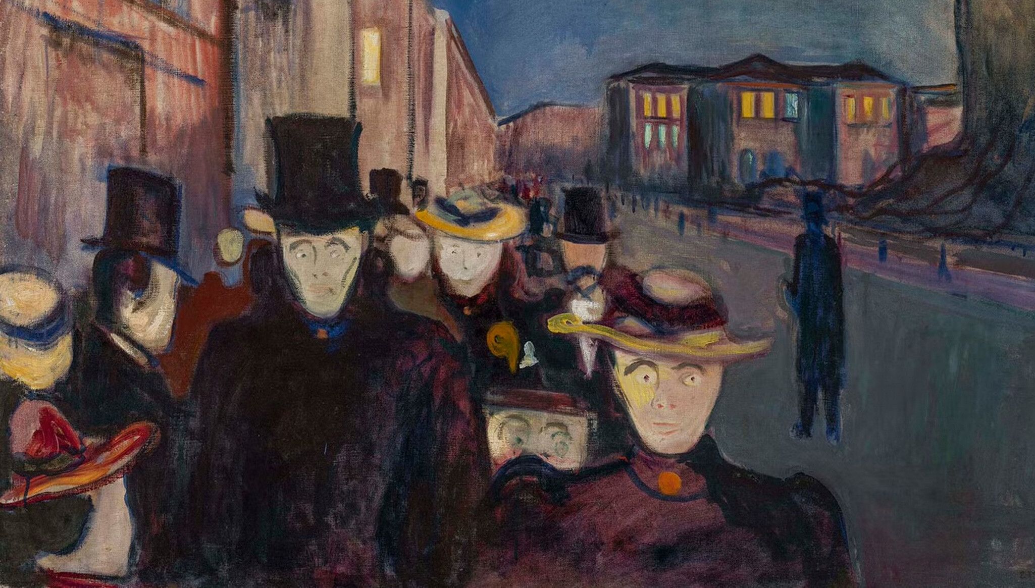 A detail of an artwork by Edvard Munch, titled Evening on Karl Johan Street, dated 1892