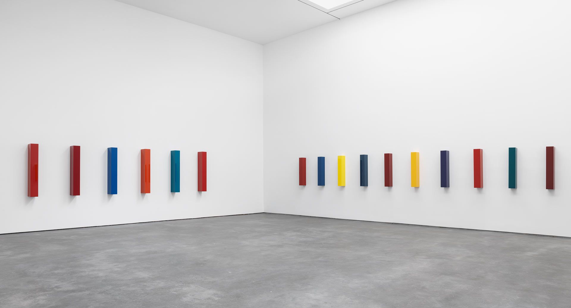 Installation view of the exhibition, John McCracken, at David Zwirner in New York, dated 2017.