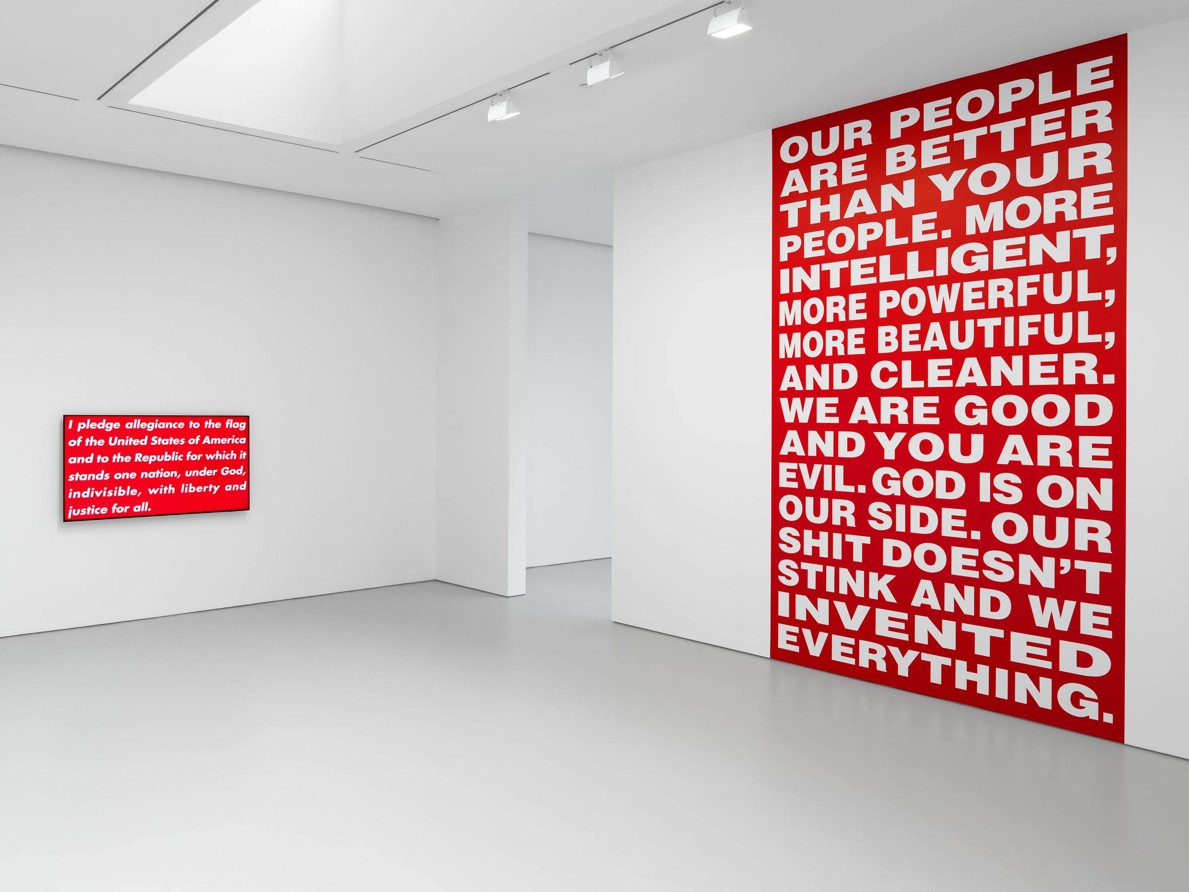 A three-channel video installation by Barbara Kruger, titled Pledge, Will, Vow, dated in 1988 and 2020.