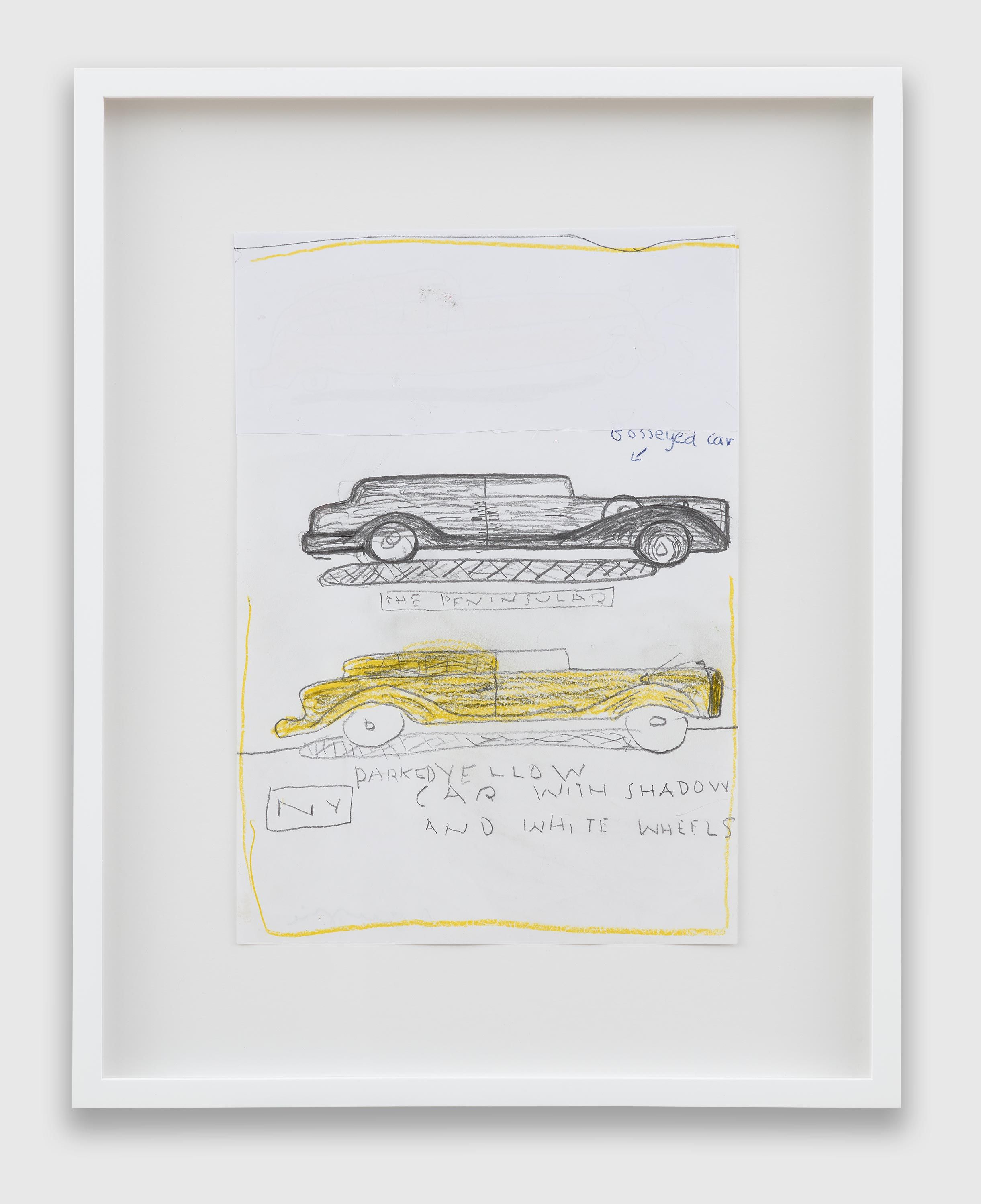 A work on paper by Rose Wylie, titled Parked Yellow Car with Shadow, dated 2021.