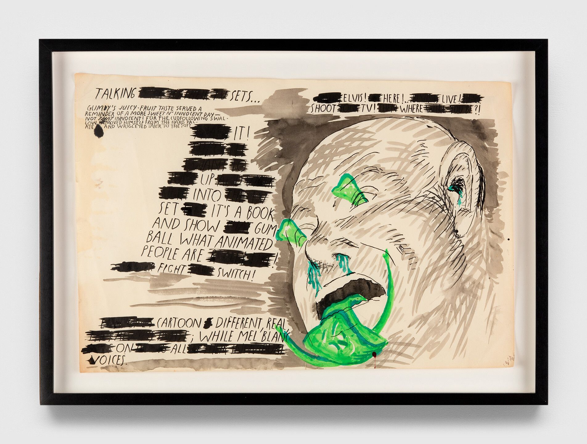 A watercolor drawing by Raymond Pettibon titled No Title (Talking sets, Elvis!...), dated 1999