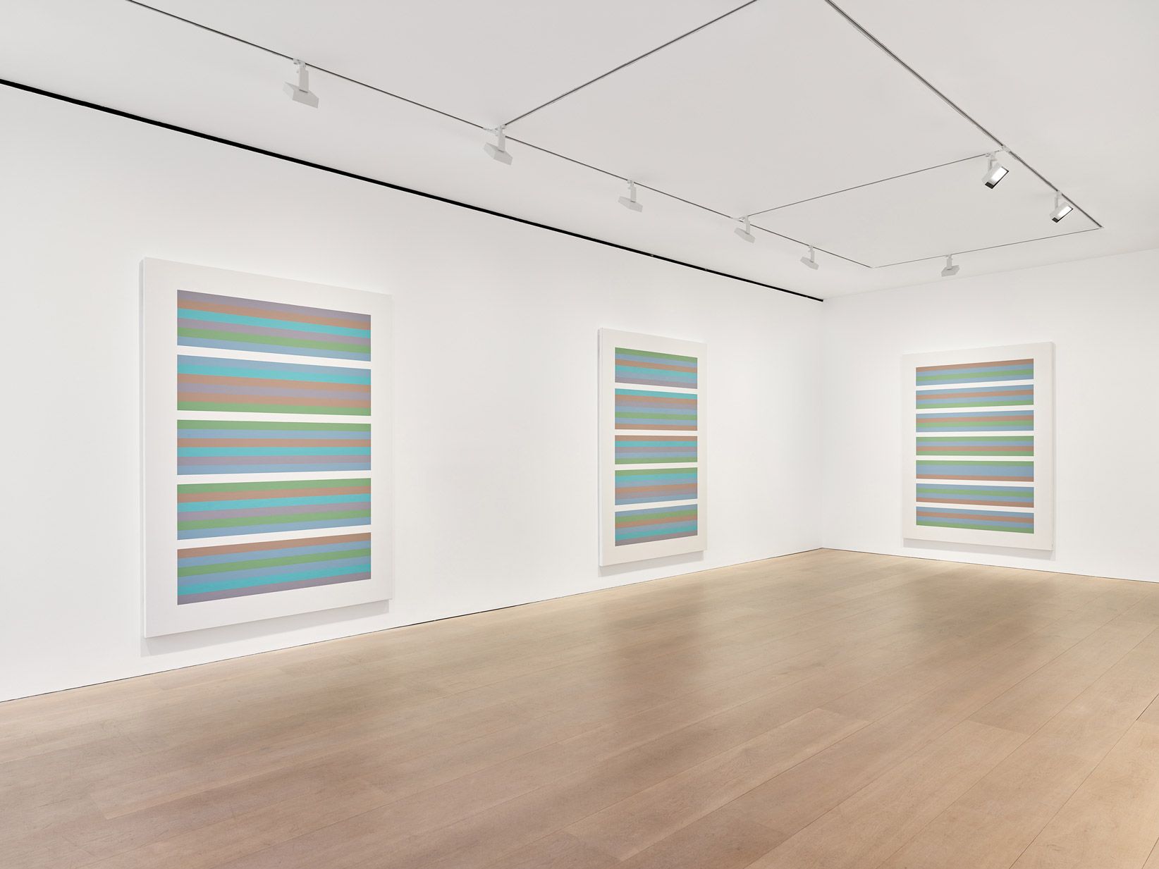 An installation view of the exhibition Bridget Riley: Past into Present at David Zwirner in London, dated 2021.