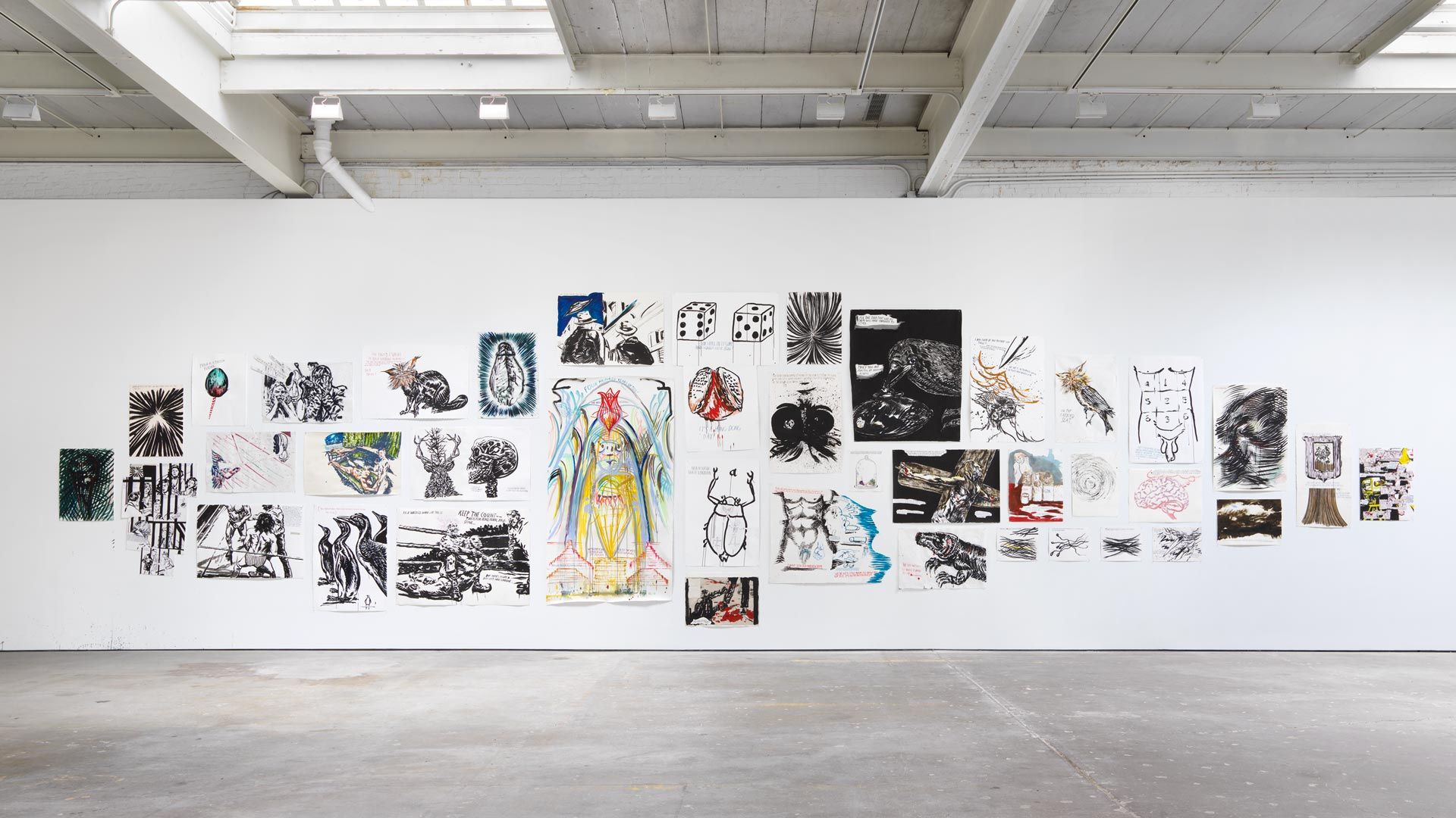 An installation view of the exhibition Raymond Pettibon: TH" EXPLOSIYV SHOYRT T, at David Zwirner New York, dated 2017.