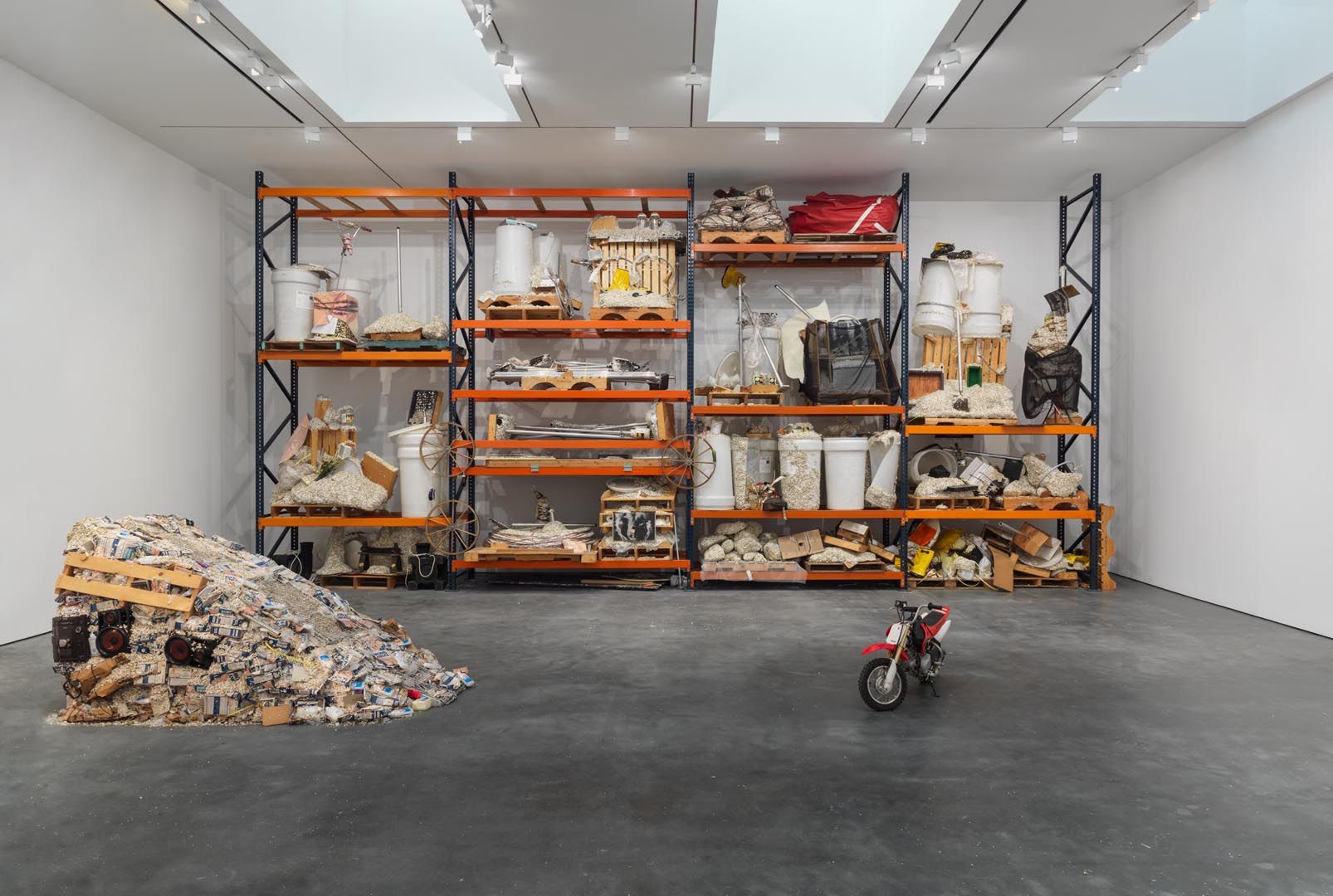 An installation view of the exhibition Jason Rhoades: PeaRoeFoam, at David Zwirner New York, dated 2014.