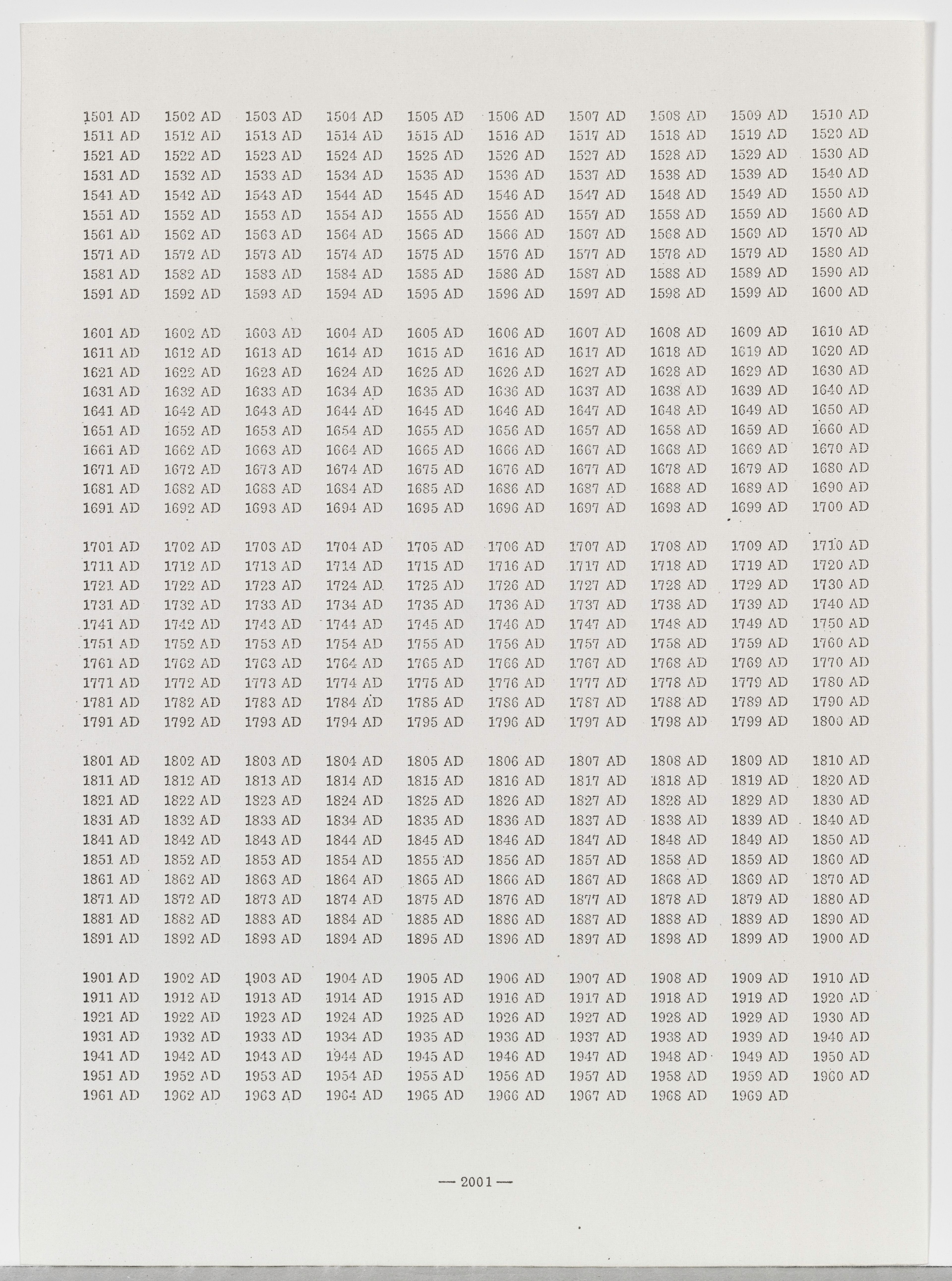 Page 2001 from On Kawara’s book, One Million Years, dated 1970-1971.