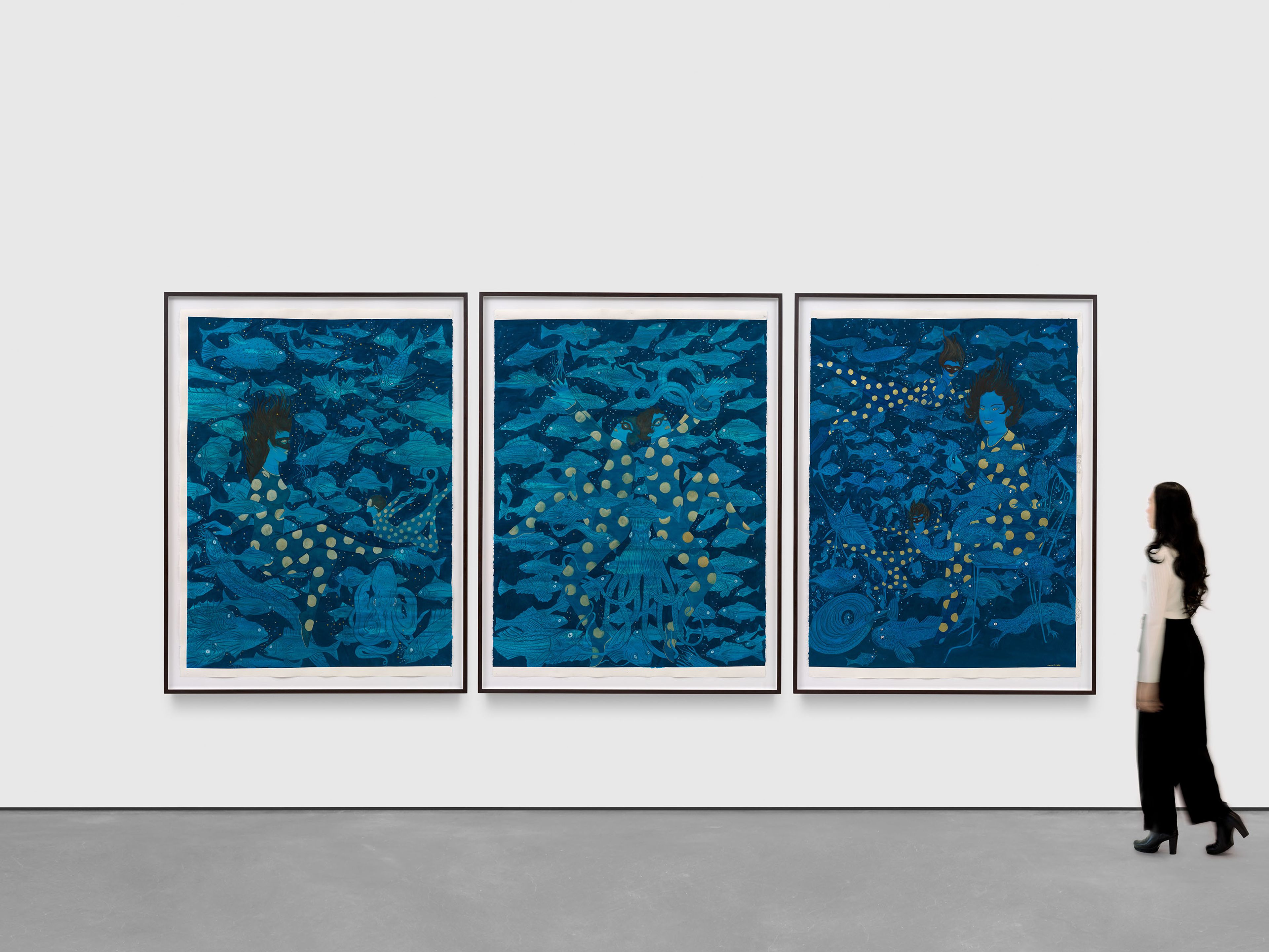 A 3-part work on paper by Marcel Dzama, titled Blue water blues, dated 2024.