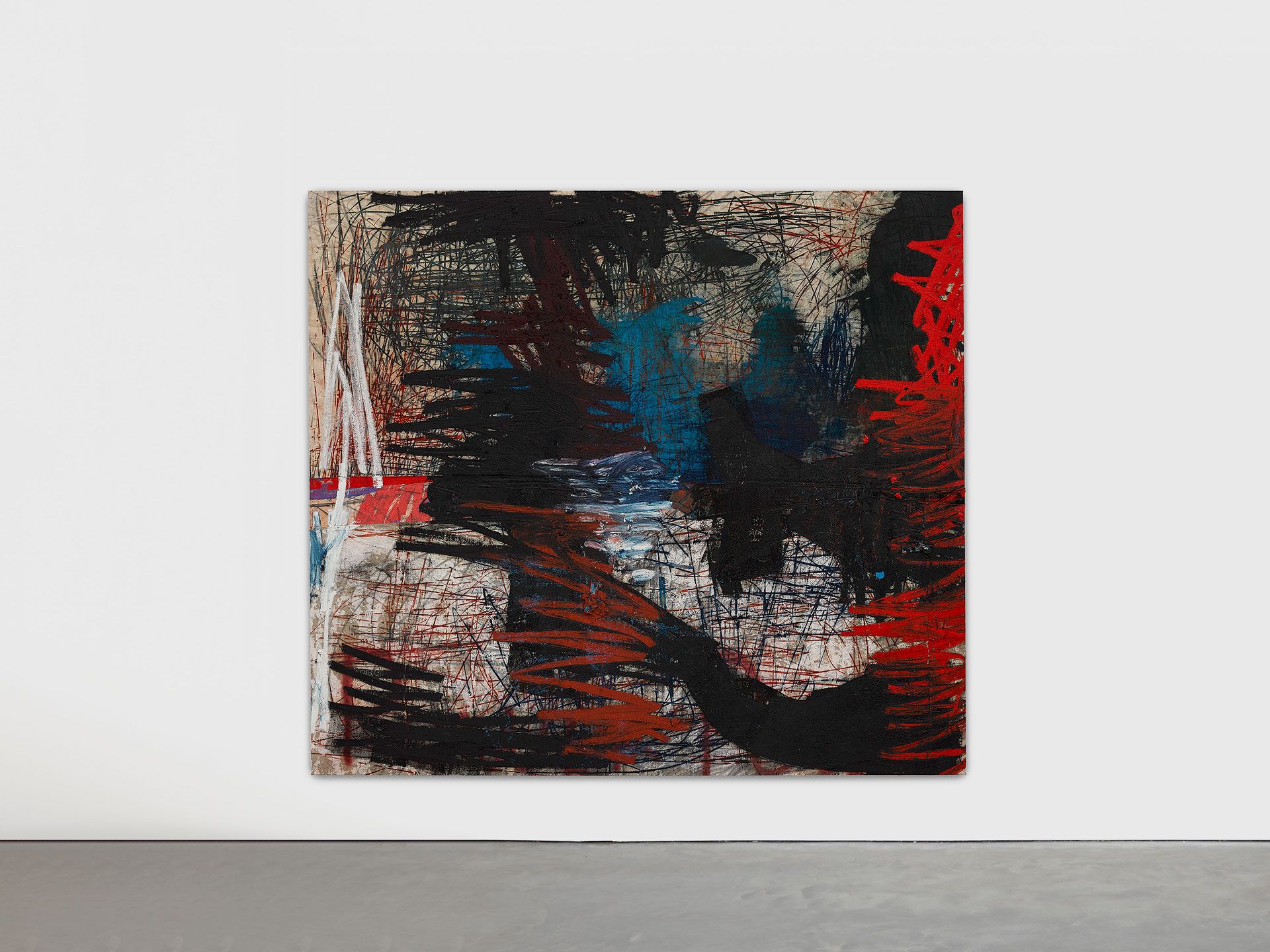 An installation view of a painting by Oscar Murillo titled manifestation, dated 2019-2020.