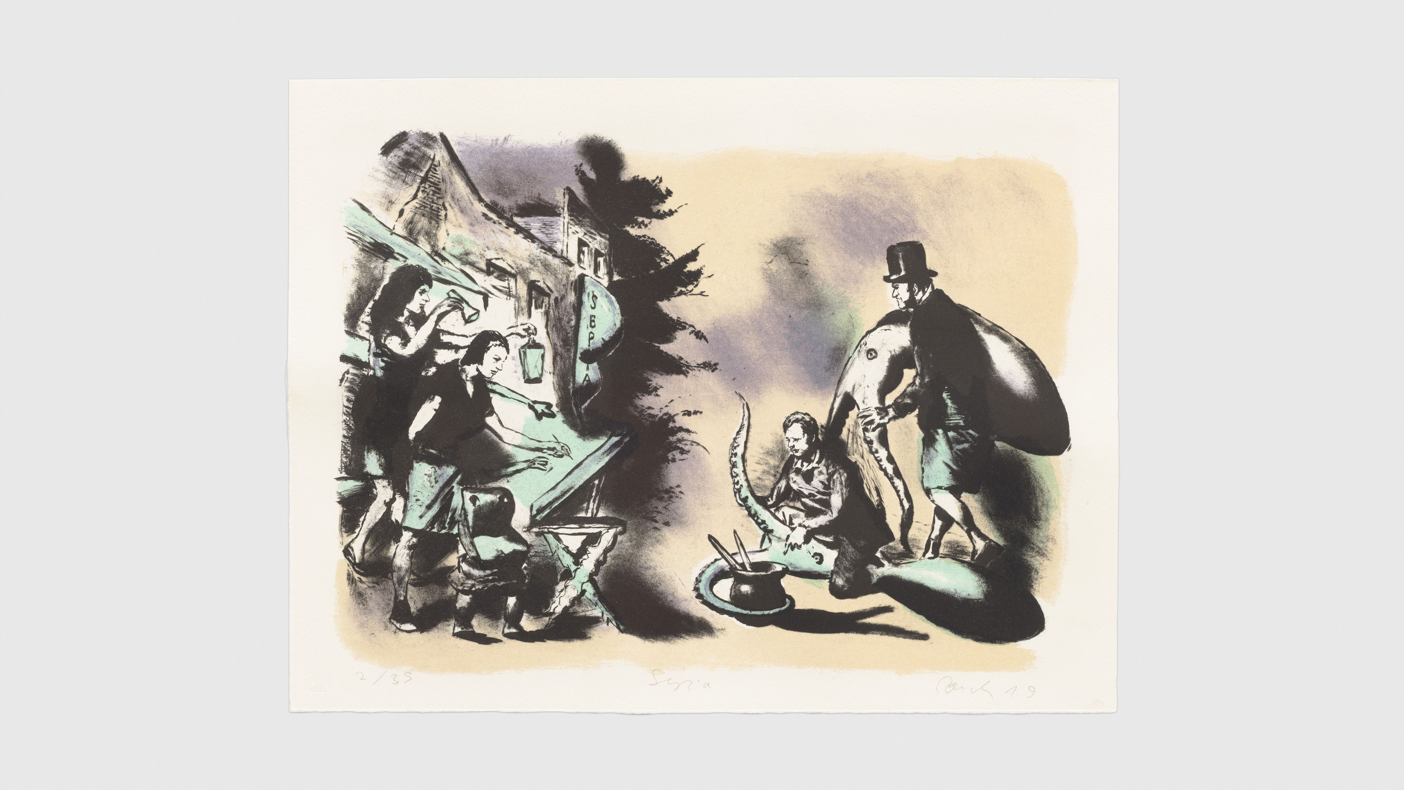 A four-color lithograph on Hahnemühle Alt Worms paper by Neo Rauch, titled Sepia, dated 2019.
