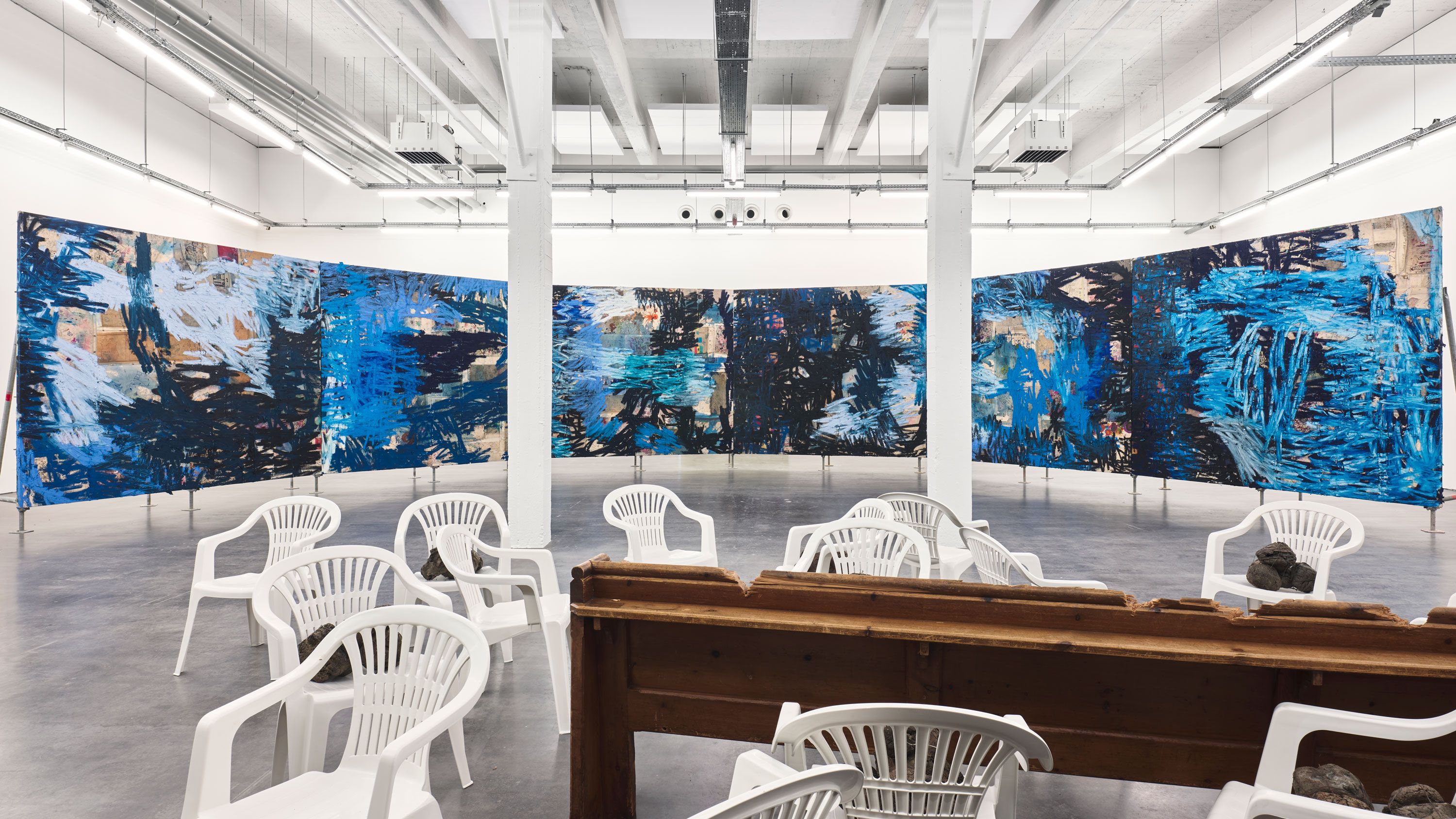 Installation view, Oscar Murillo: Masses, WIELS Contemporary Art Centre, Brussels.