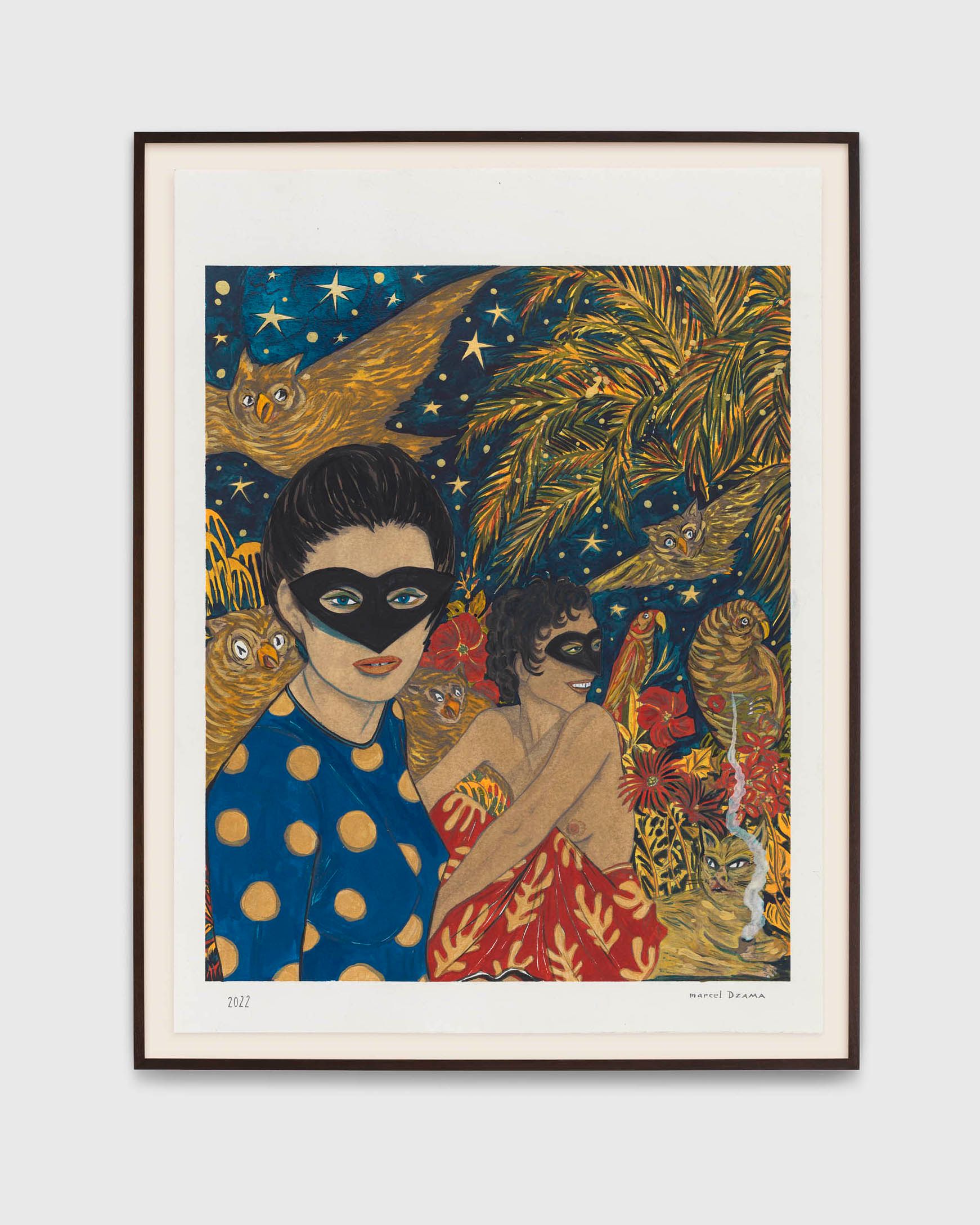 A work on paper by Marcel Dzama, titled The golden knights of summer, dated 2022.