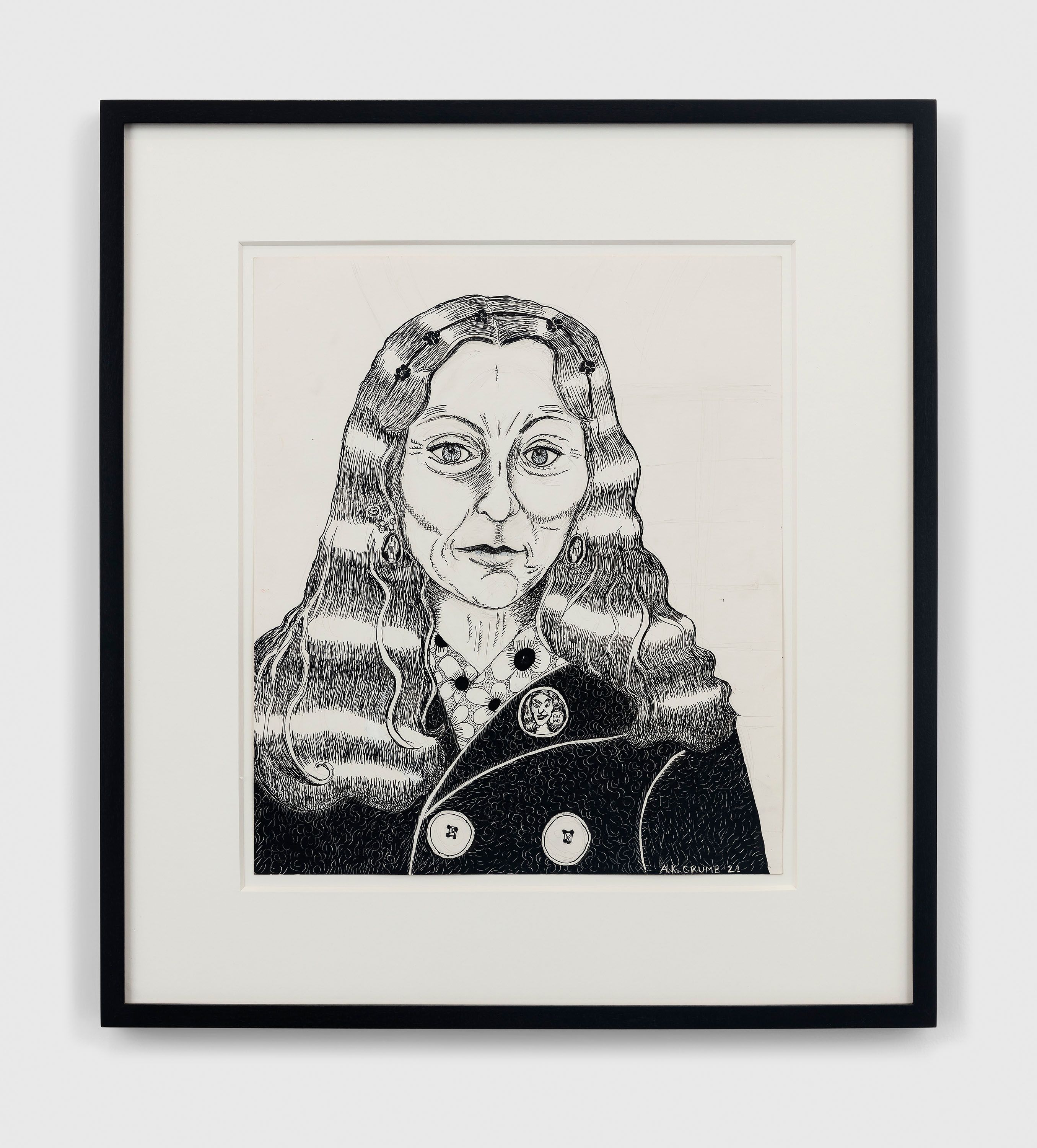 An ink, correction fluid and graphite on paper artwork by Aline Kominsky-Crumb, titled Self-portrait, dated 2021.