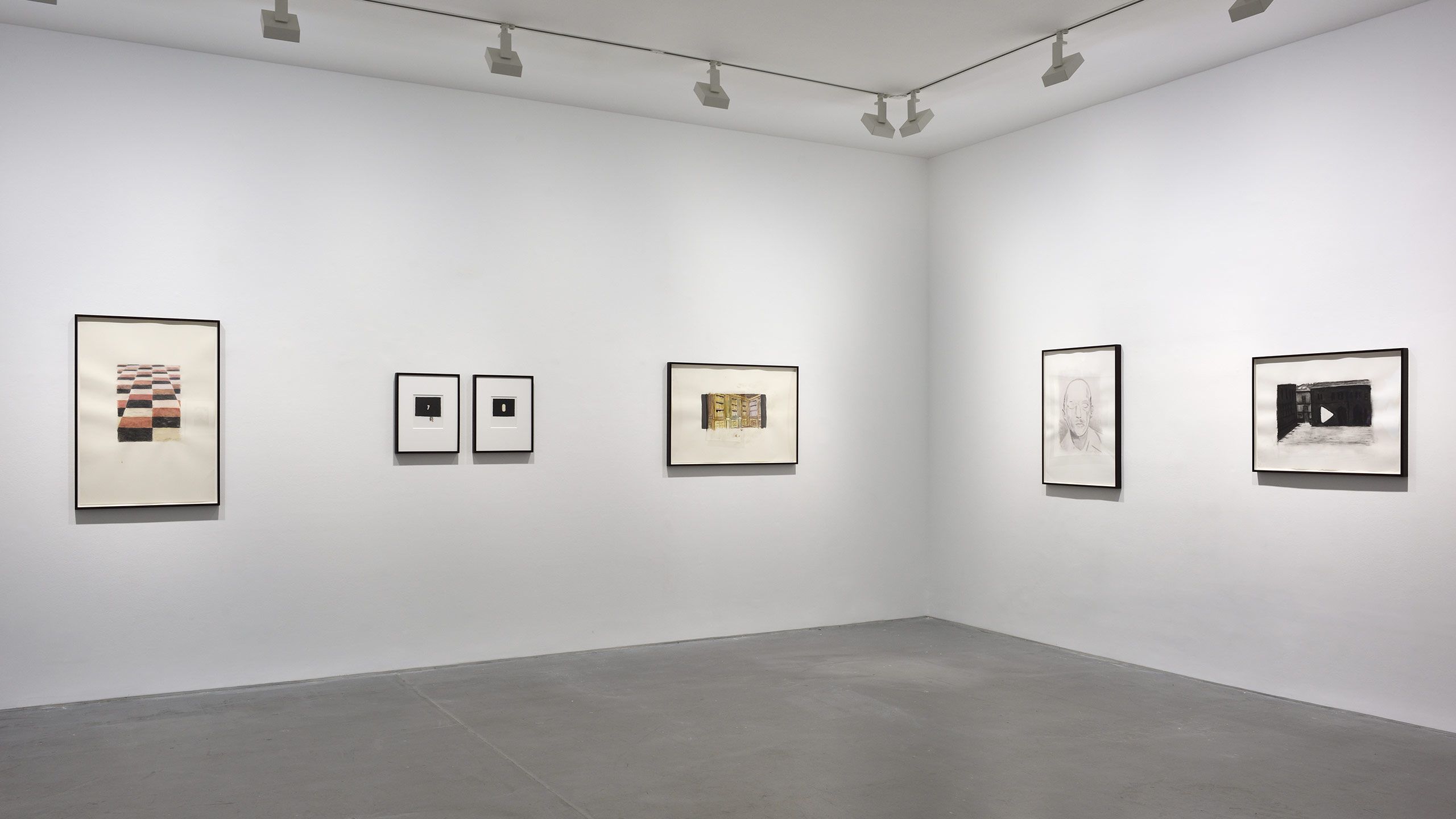An installation view featuring works by Luc Tuymans, dated 2021