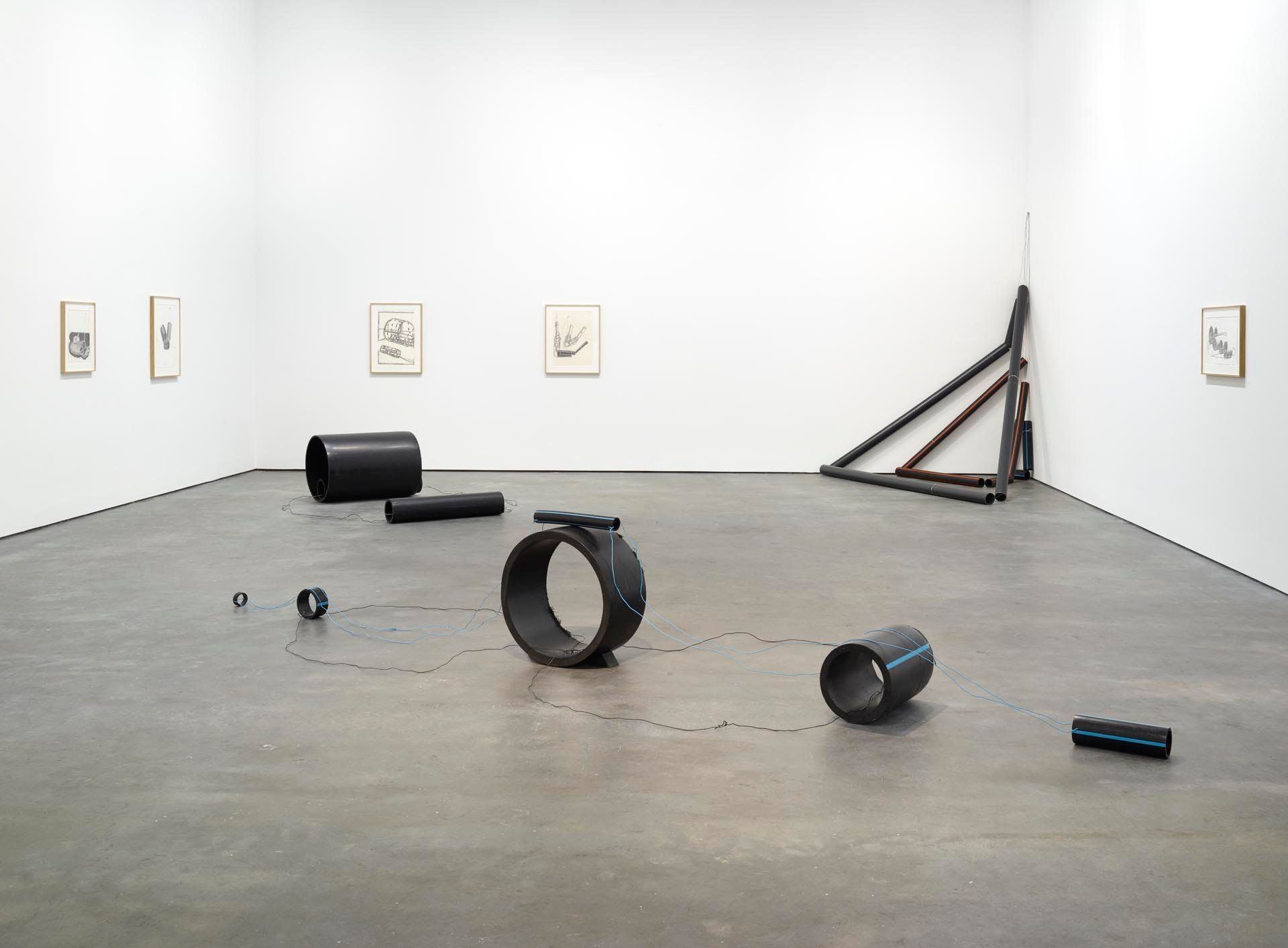 Installation view of the exhibition Al Taylor: Pet Stains, Puddles, and Full Gospel Neckless at David Zwirner in New York, dated 2015.