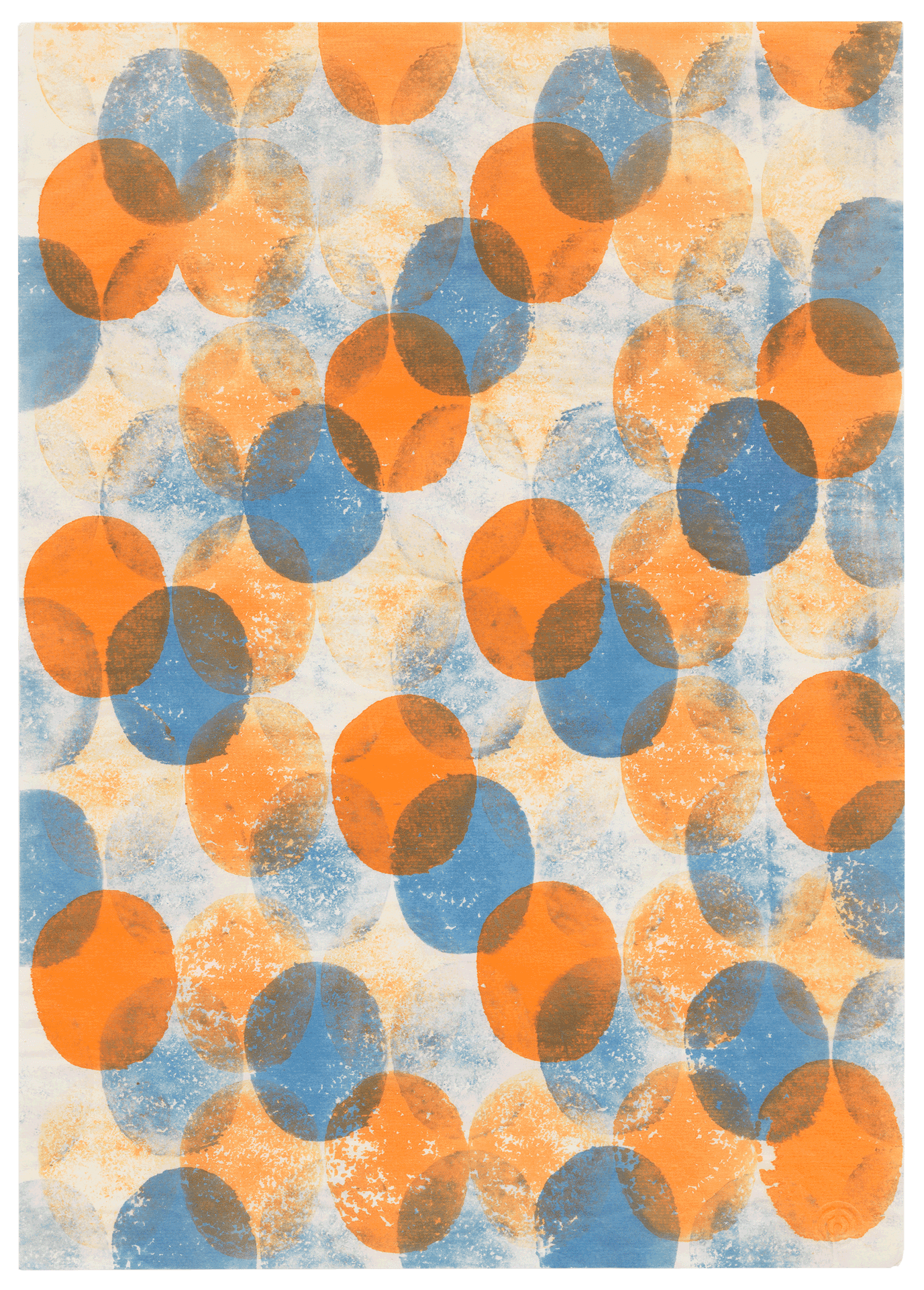 A work on paper by Ruth Asawa, titled Untitled (SF.046b, Plain Potato Print in Blue and Orange), dated 1951 to 1952.