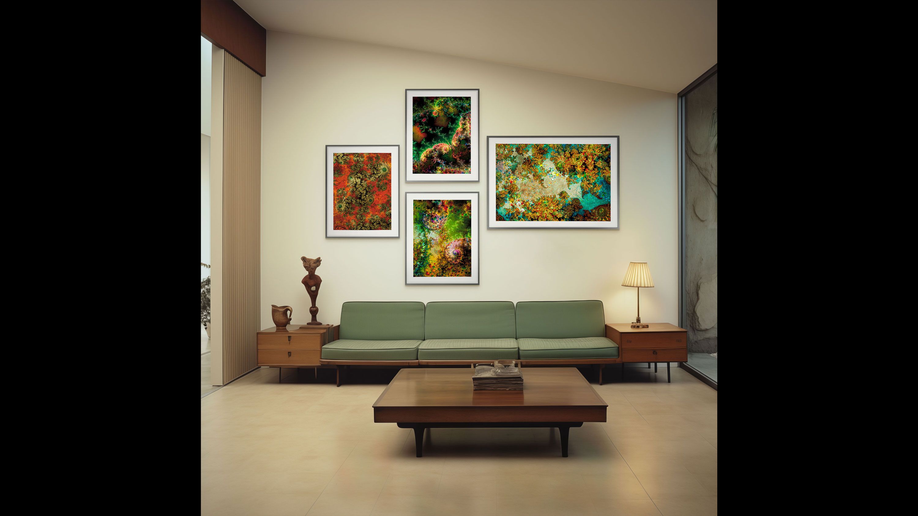 Installation views of Thomas Ruff prints rendered in an AI-generated living room