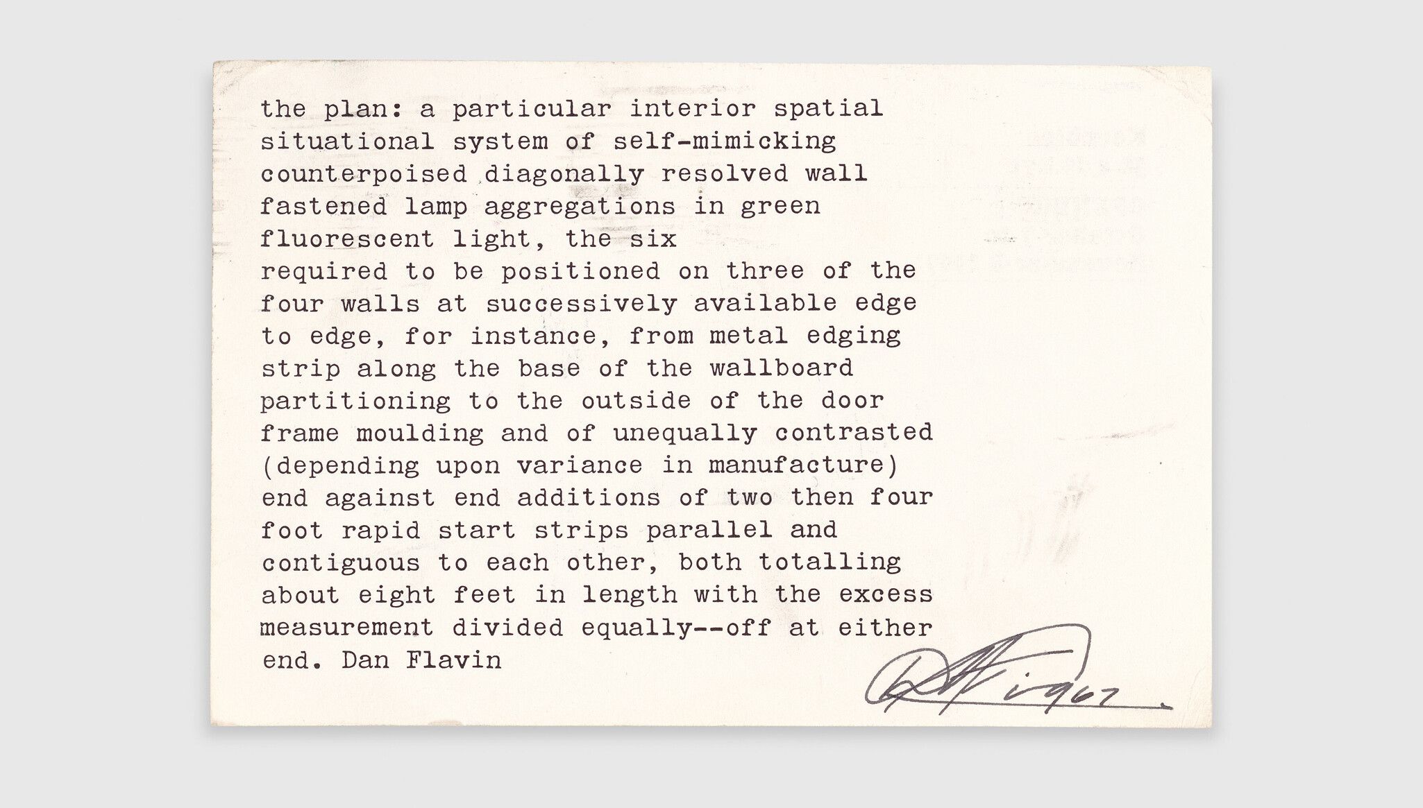 An Invitation card for Dan Flavin, Kornblee Gallery, New York, October 7–November 8, dated 1967 card (back)